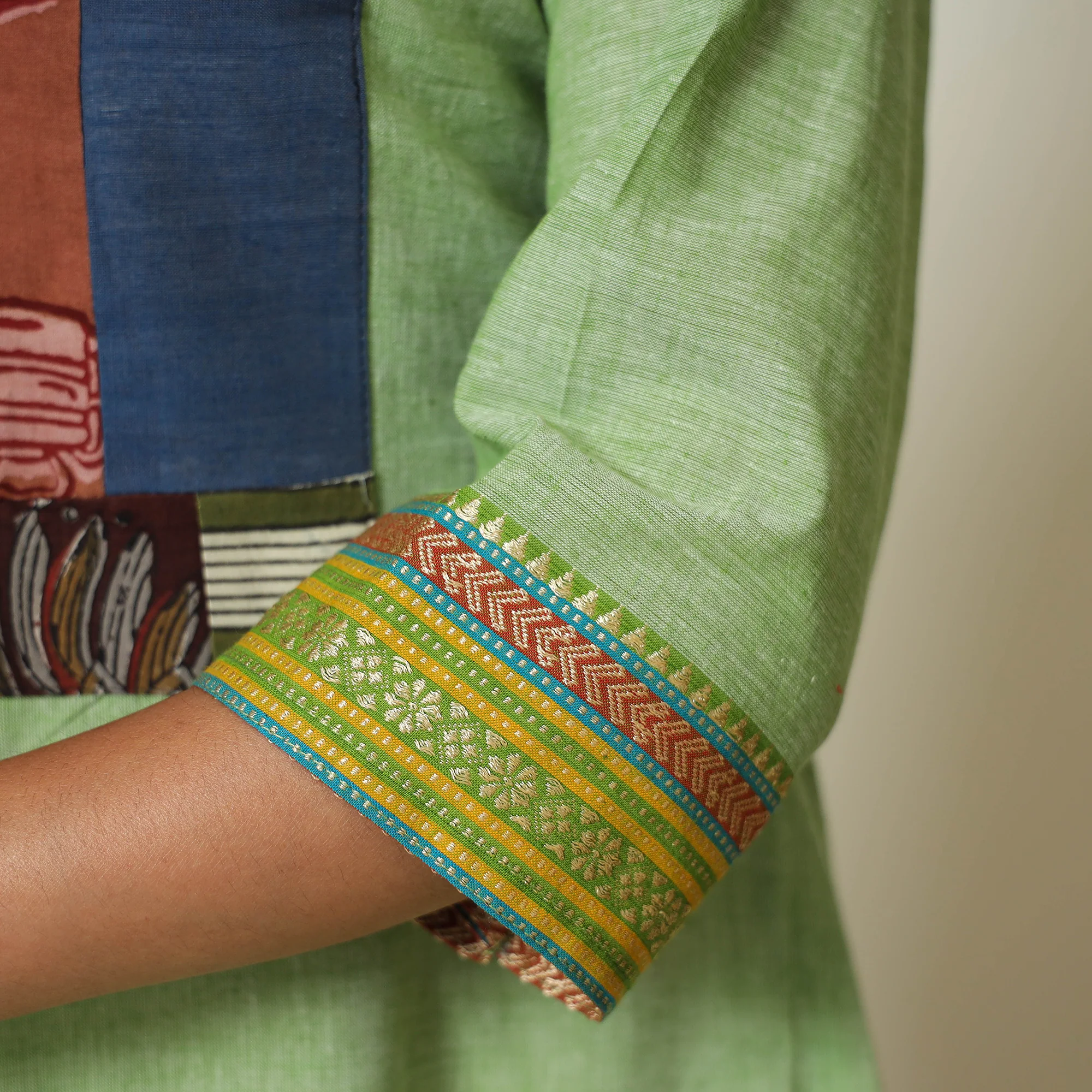 Green - Dharwad Cotton A-Line Kurta with Patchwork 07 - Image 7