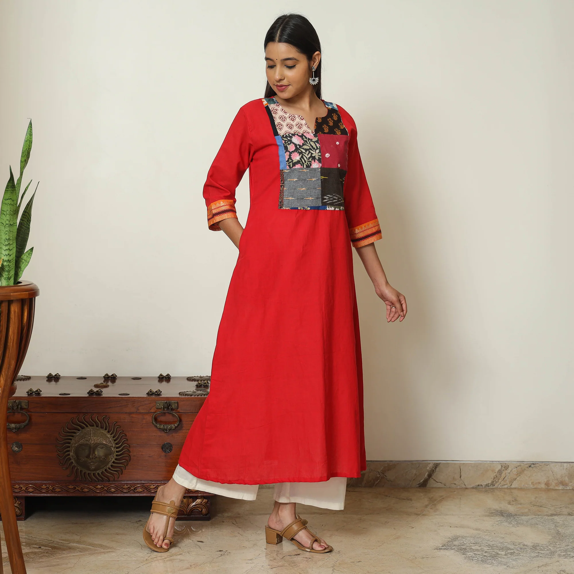 Red - Dharwad Cotton A-Line Kurta with Patchwork 09 - Image 2