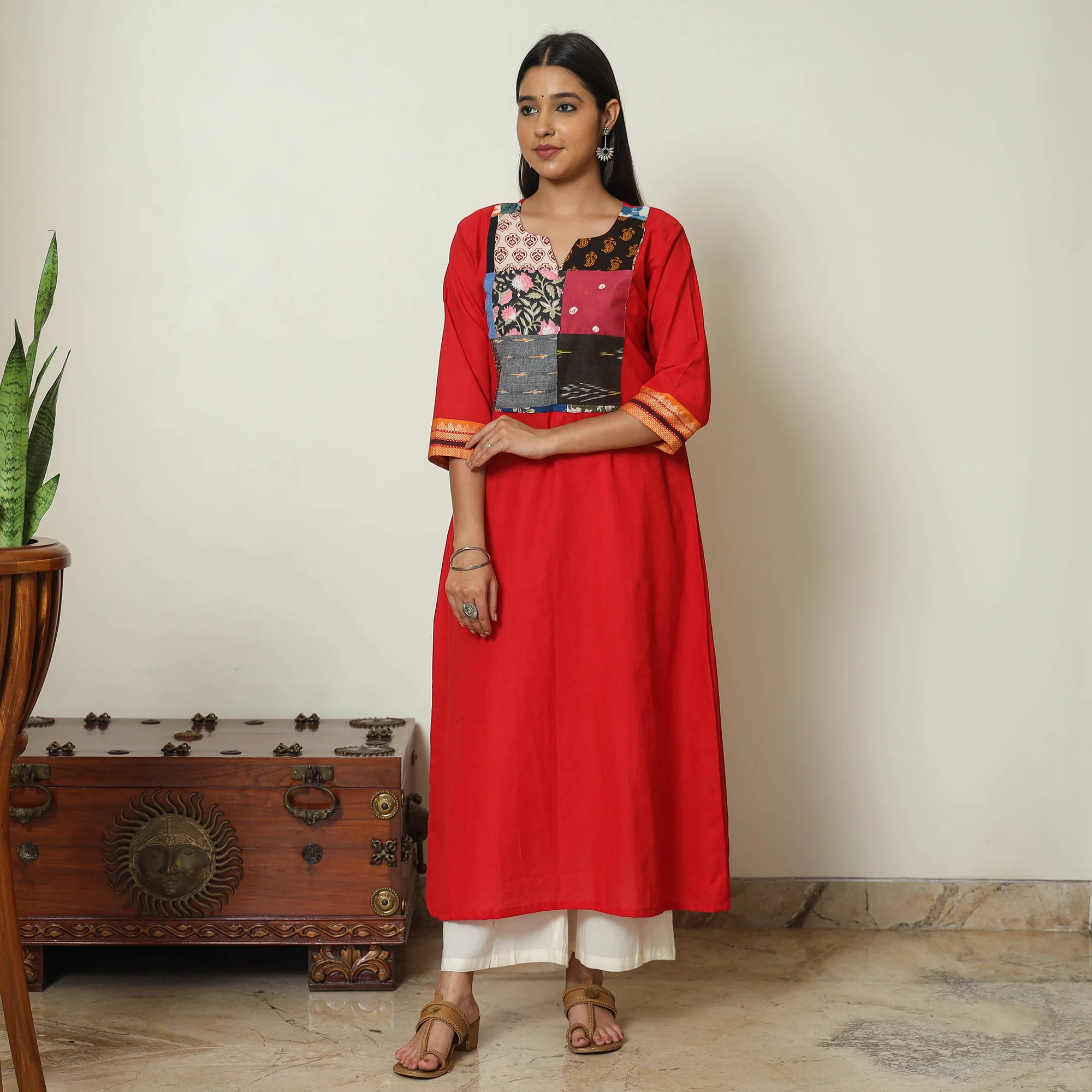 Red - Dharwad Cotton A-Line Kurta with Patchwork 09 - Image 3