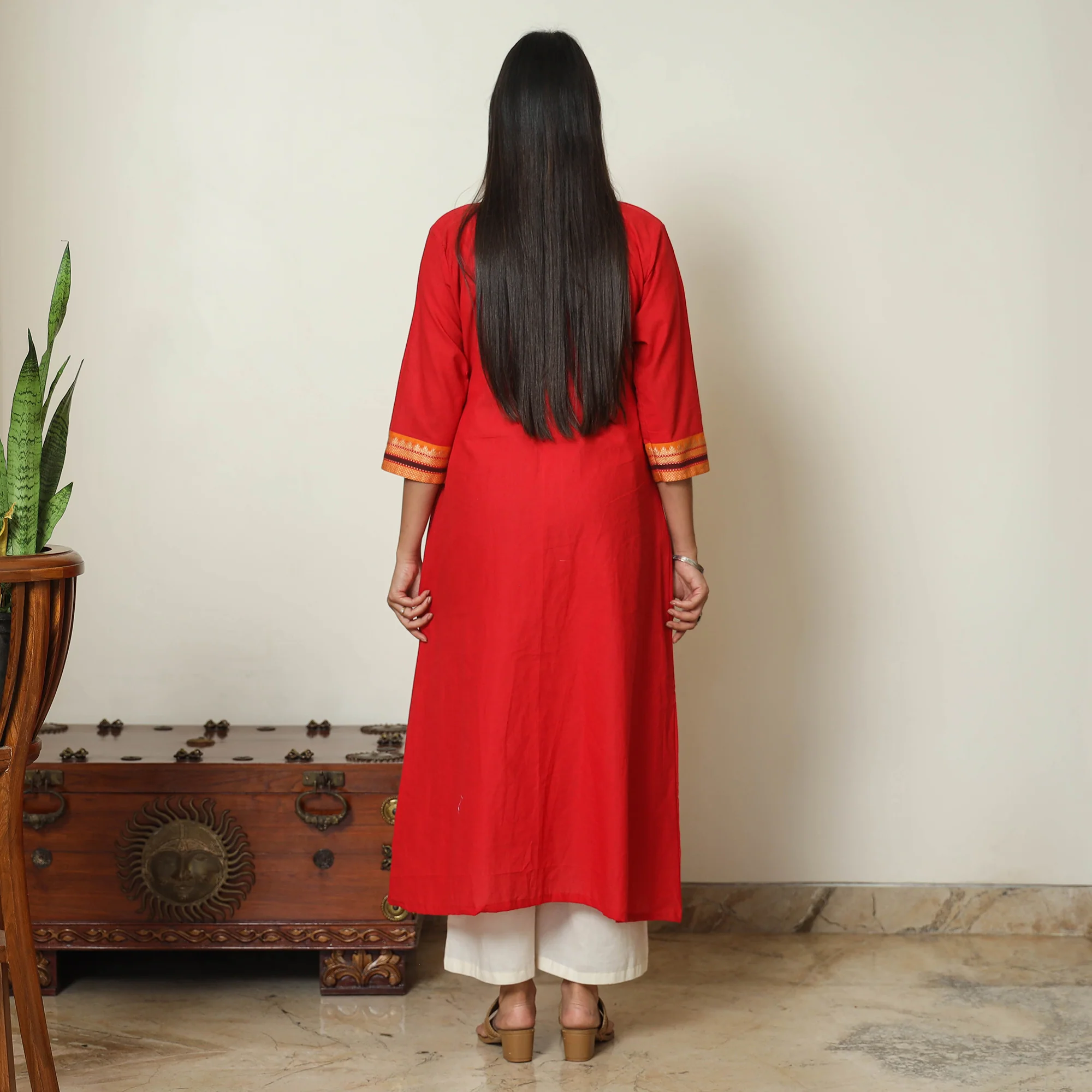 Red - Dharwad Cotton A-Line Kurta with Patchwork 09 - Image 4