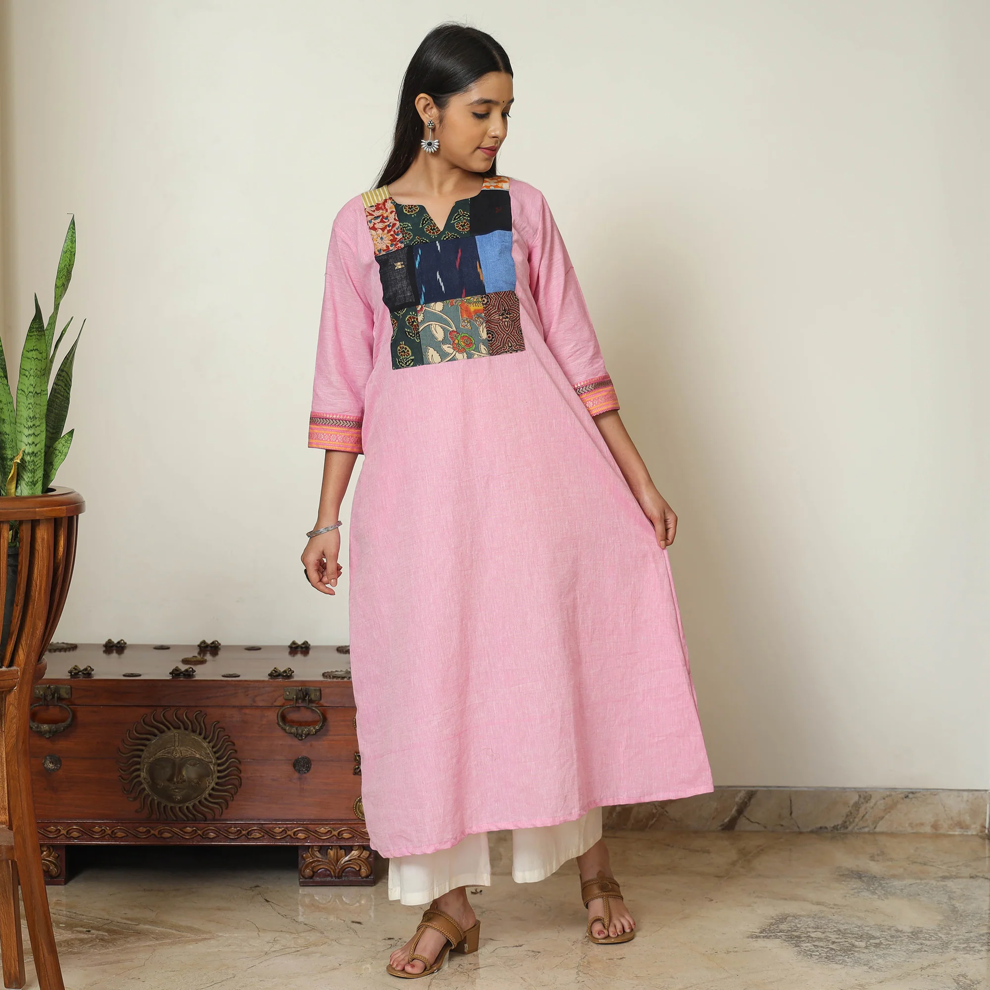 Pink - Dharwad Cotton A-Line Kurta with Patchwork 10 - Image 3