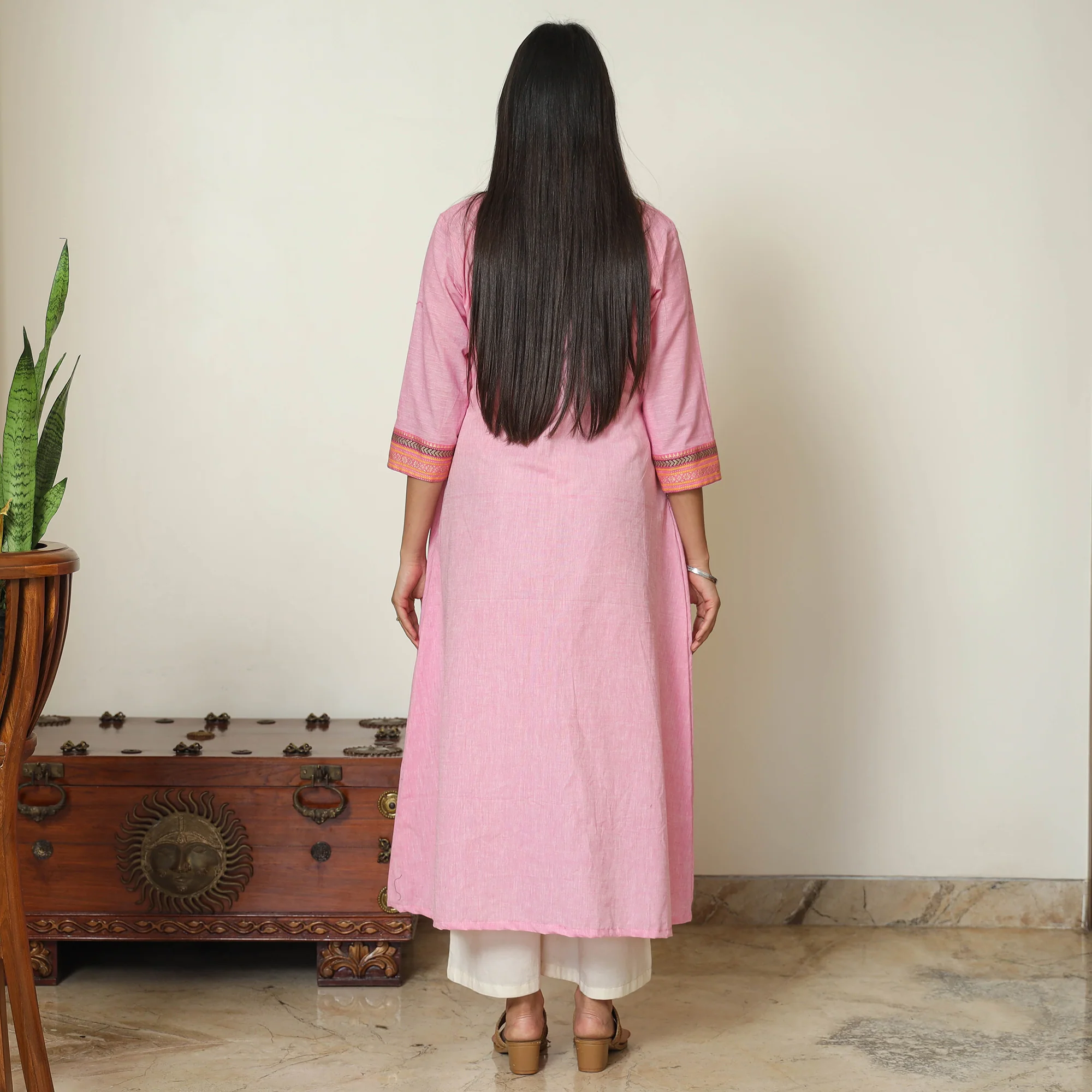 Pink - Dharwad Cotton A-Line Kurta with Patchwork 10 - Image 4