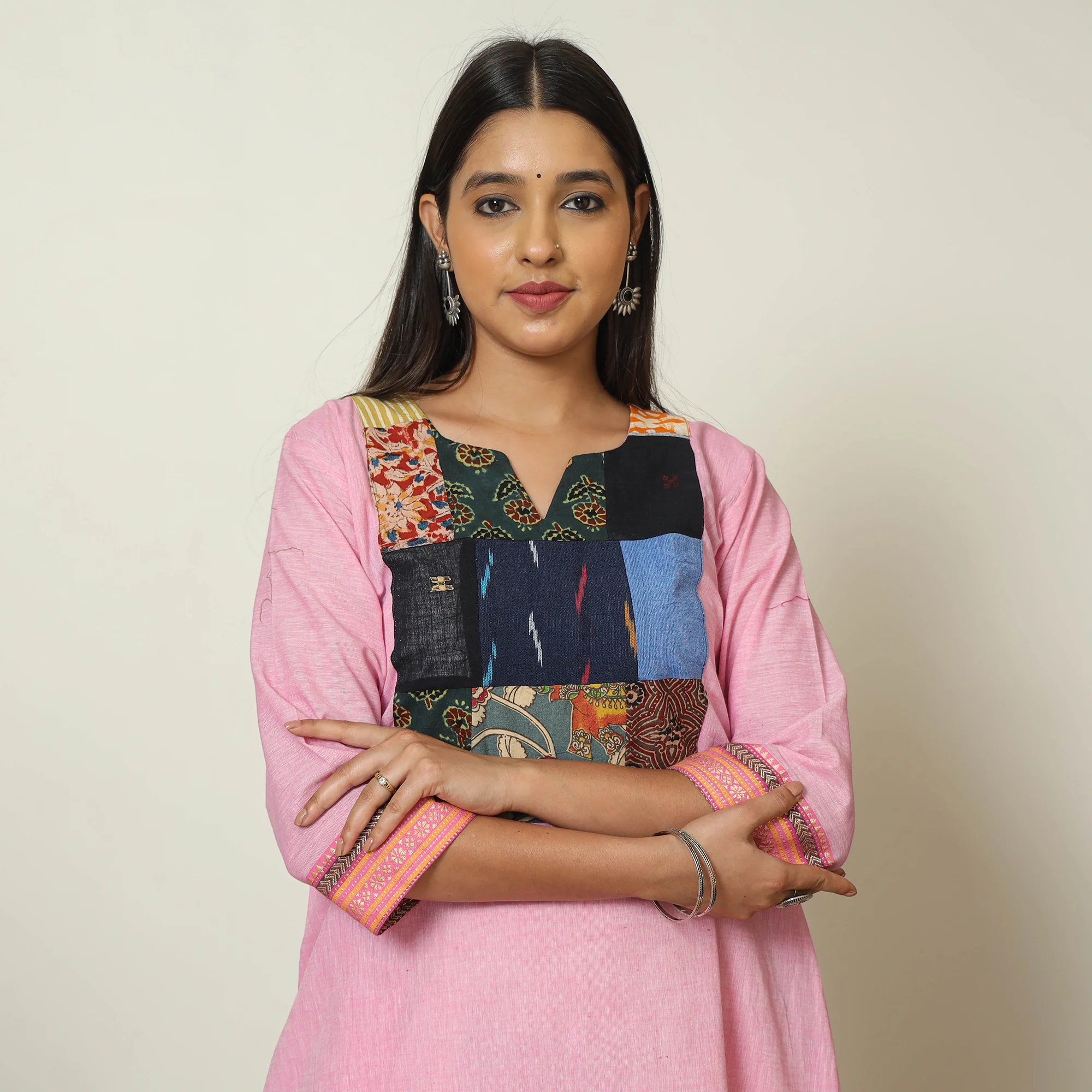 Pink - Dharwad Cotton A-Line Kurta with Patchwork 10 - Image 5