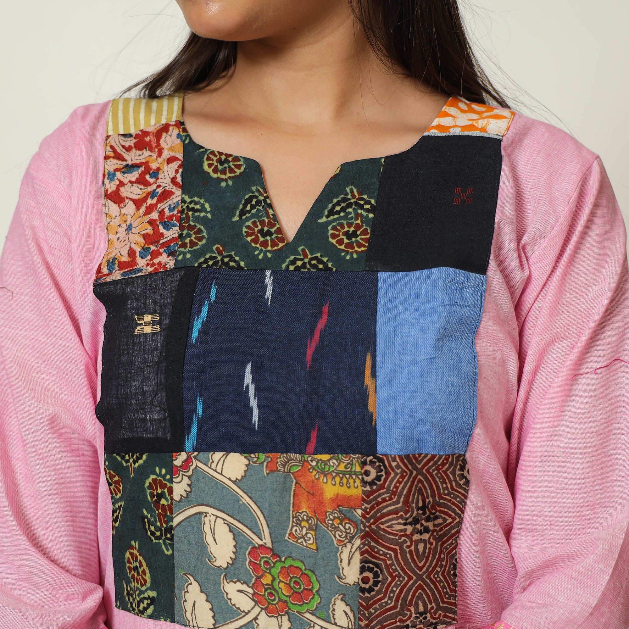 Pink - Dharwad Cotton A-Line Kurta with Patchwork 10 - Image 6