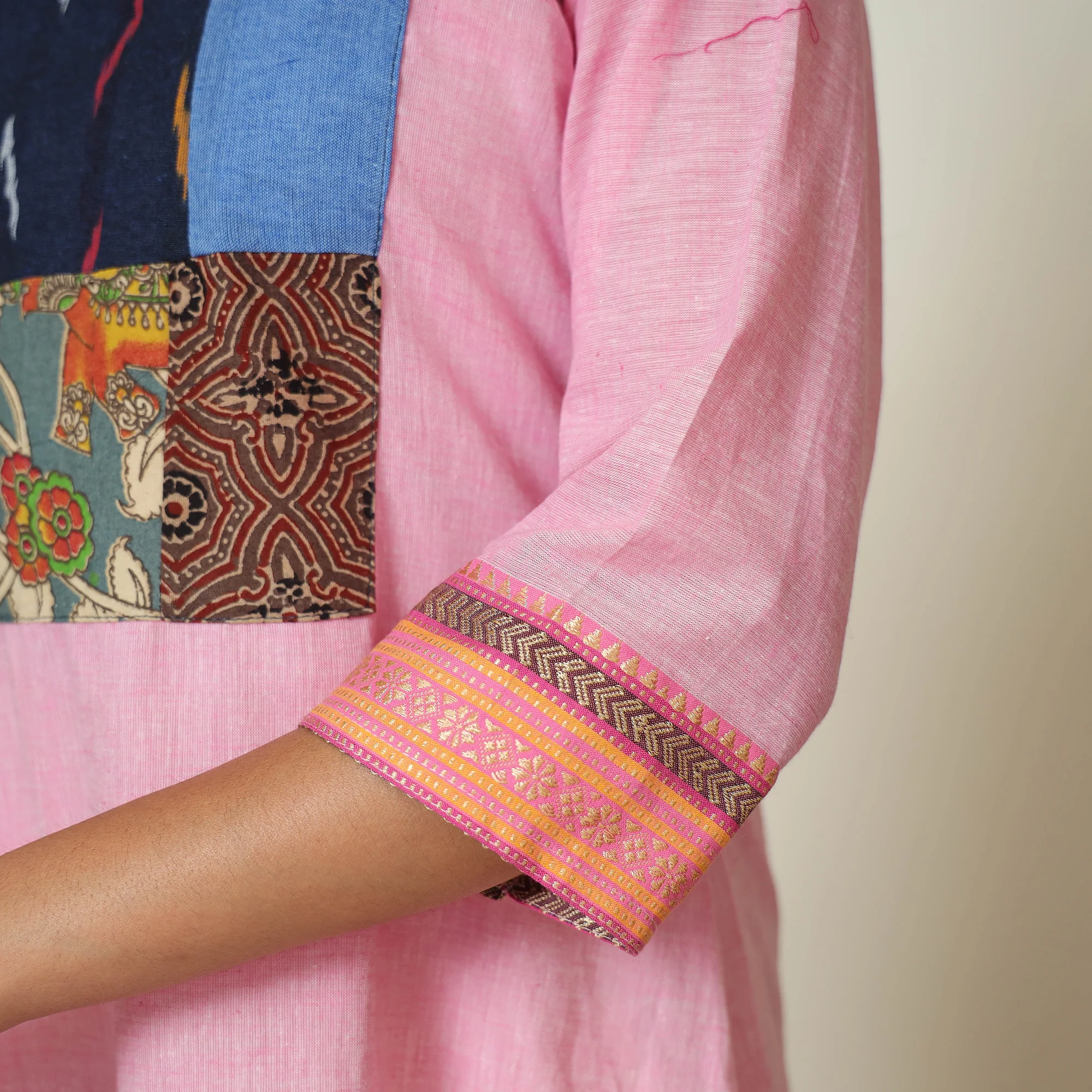 Pink - Dharwad Cotton A-Line Kurta with Patchwork 10 - Image 7
