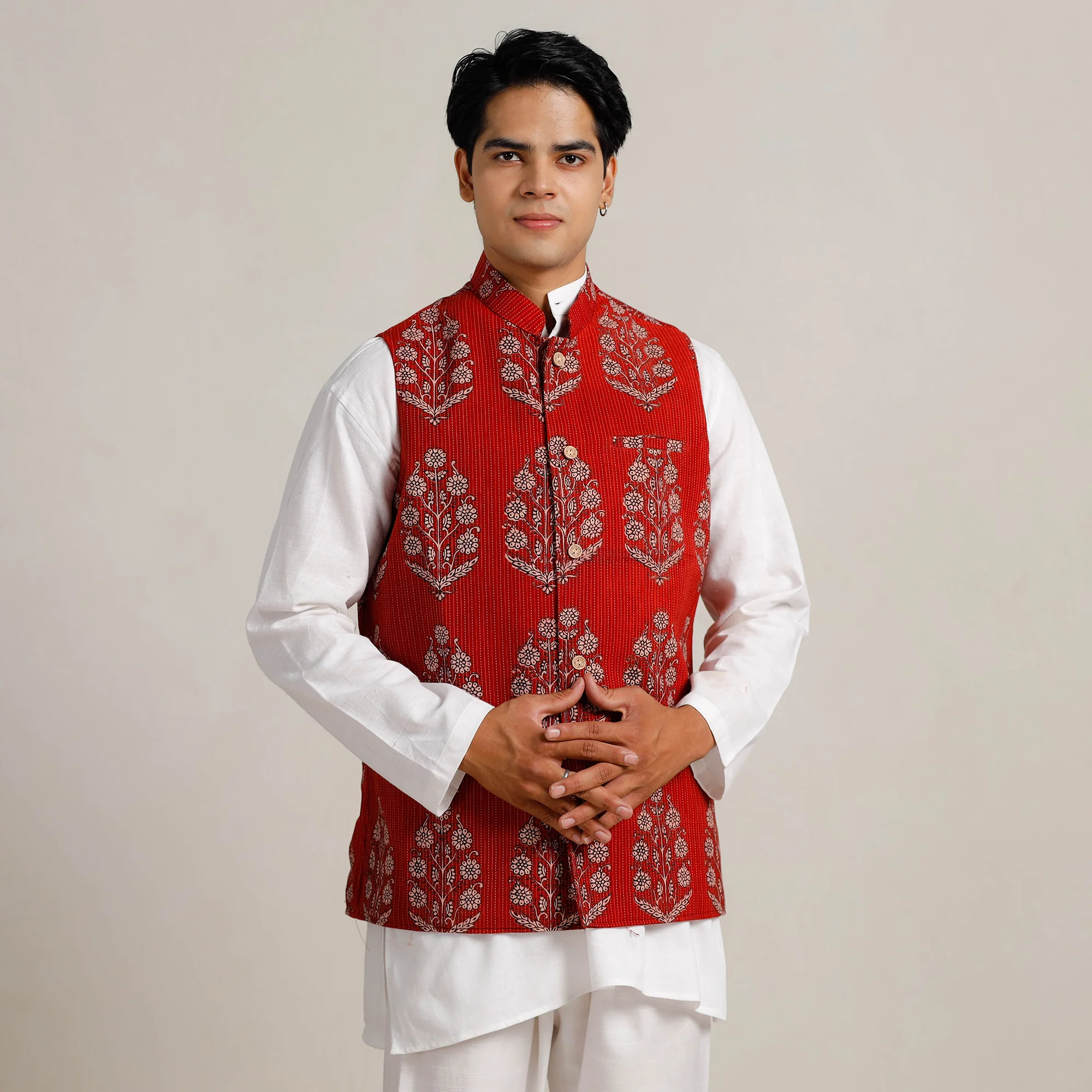 Red - Bagh Print Nehru Jacket for Men 03 - Image 2