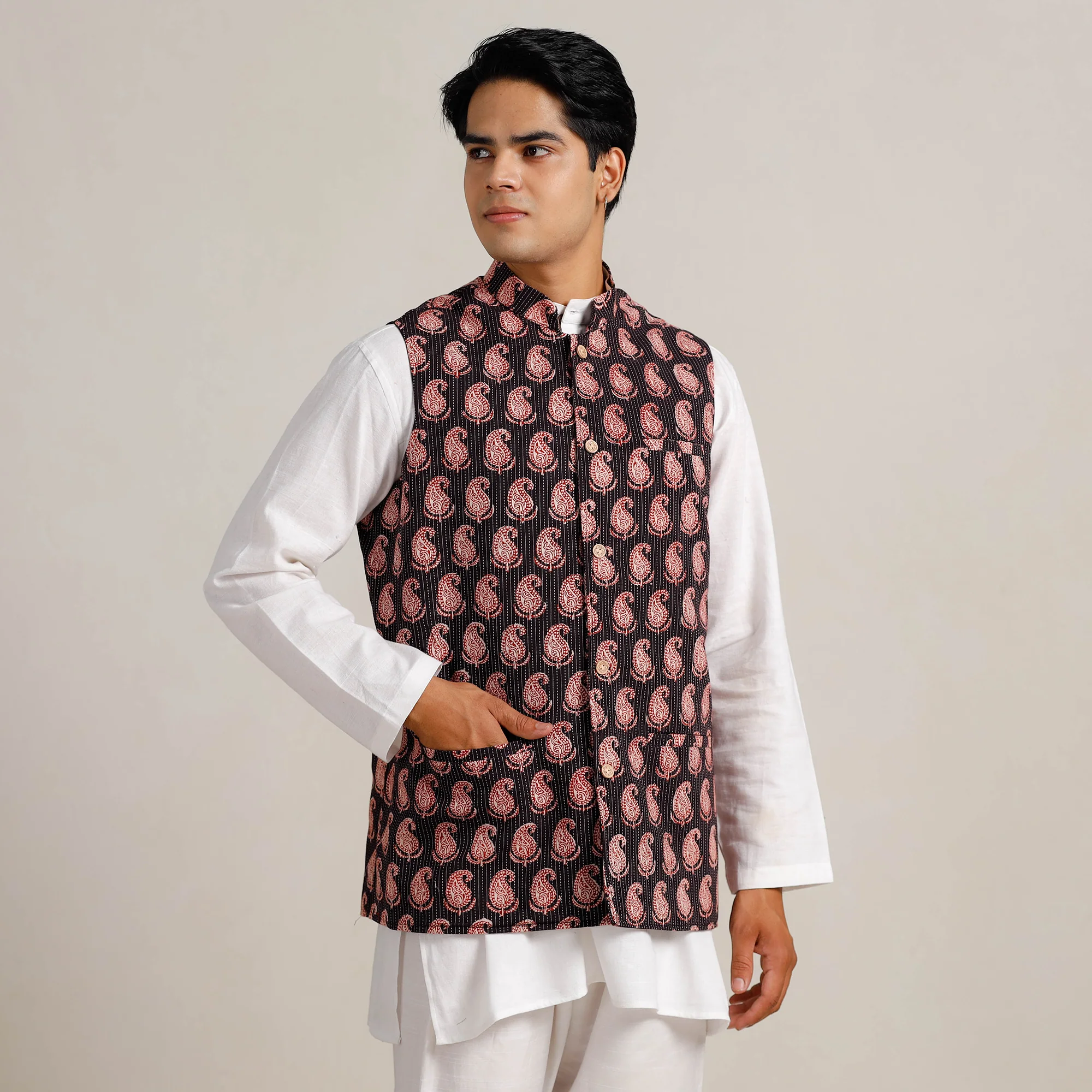 Black - Bagh Print Nehru Jacket for Men 05