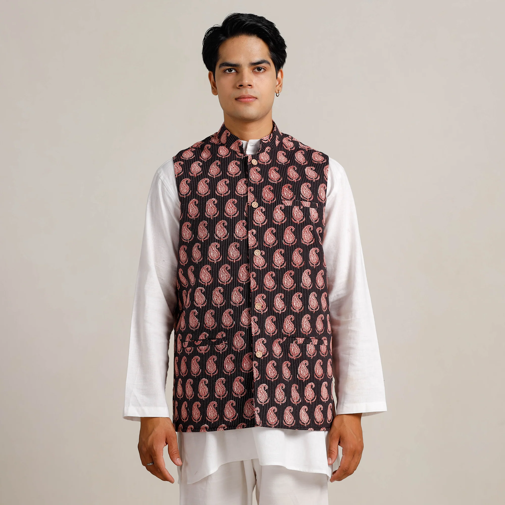 Black - Bagh Print Nehru Jacket for Men 05 - Image 3