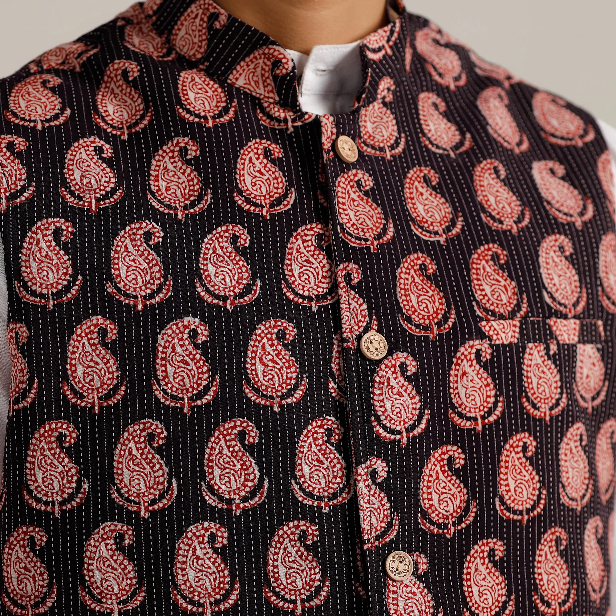 Black - Bagh Print Nehru Jacket for Men 05 - Image 4