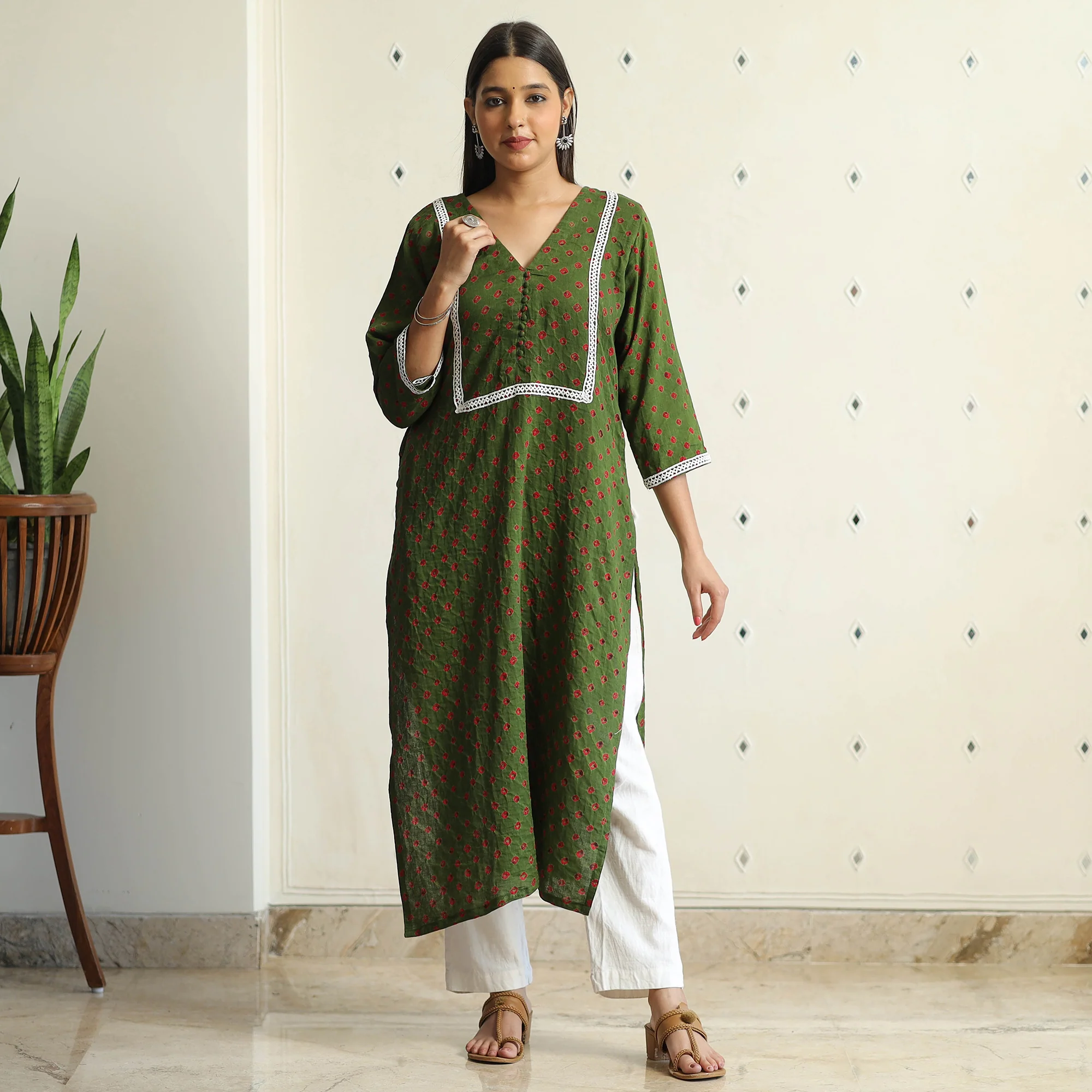 Green - Bandhani Tie-dye Cotton Straight Kurta 09 - Image 2