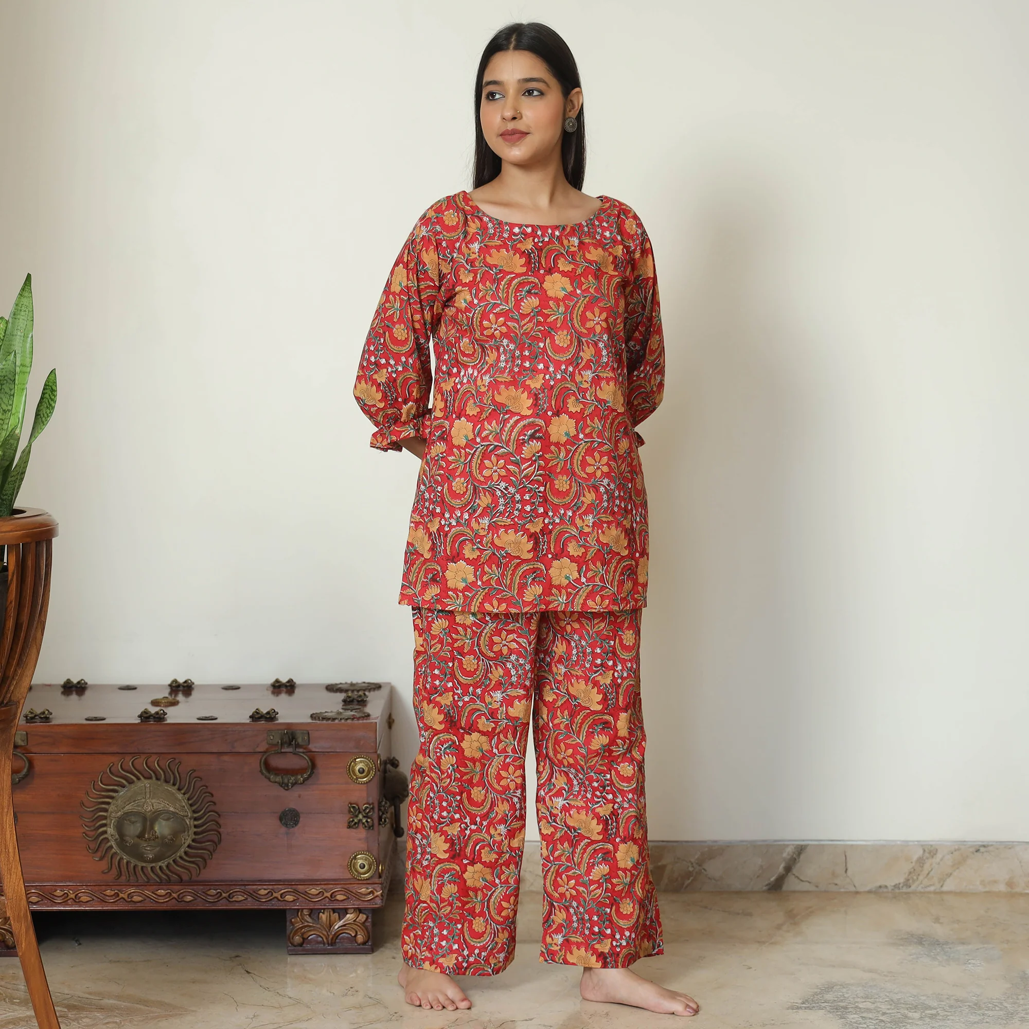 Red - Sanganeri Block Printed Cotton Night Suit Set 17 - Image 2