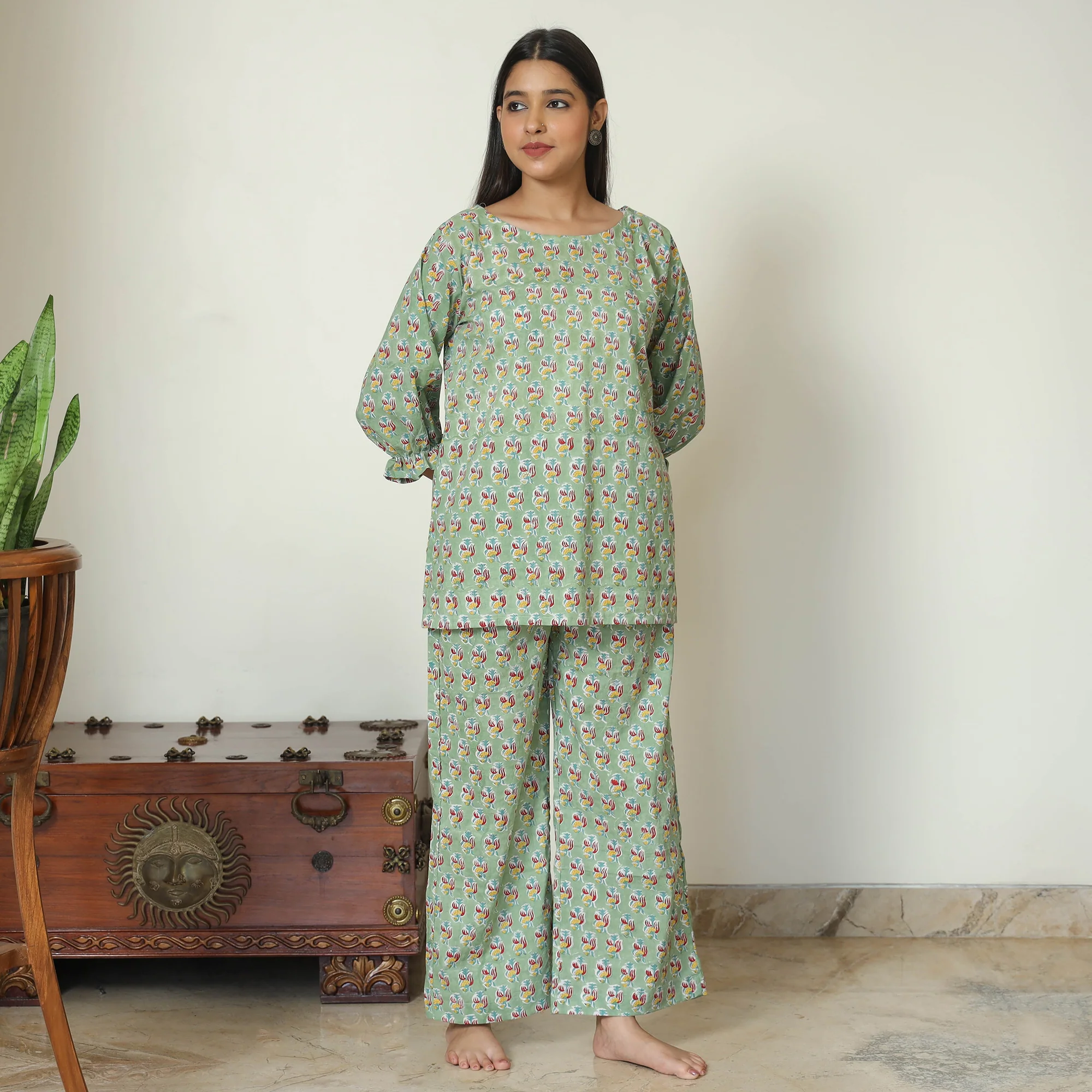 Green - Sanganeri Block Printed Cotton Night Suit Set 18 - Image 2