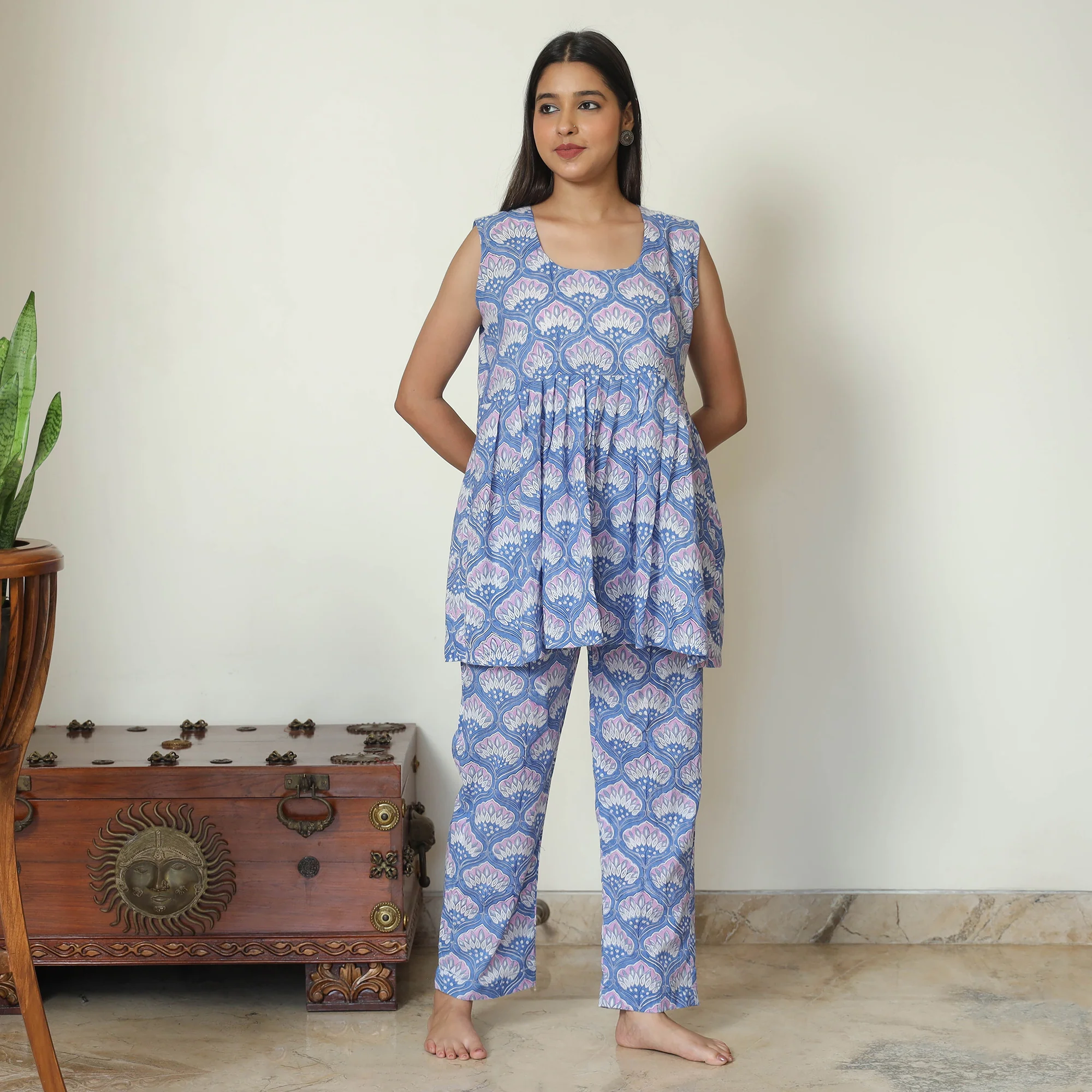 Blue - Sanganeri Block Printed Cotton Night Suit Set 23 - Image 2