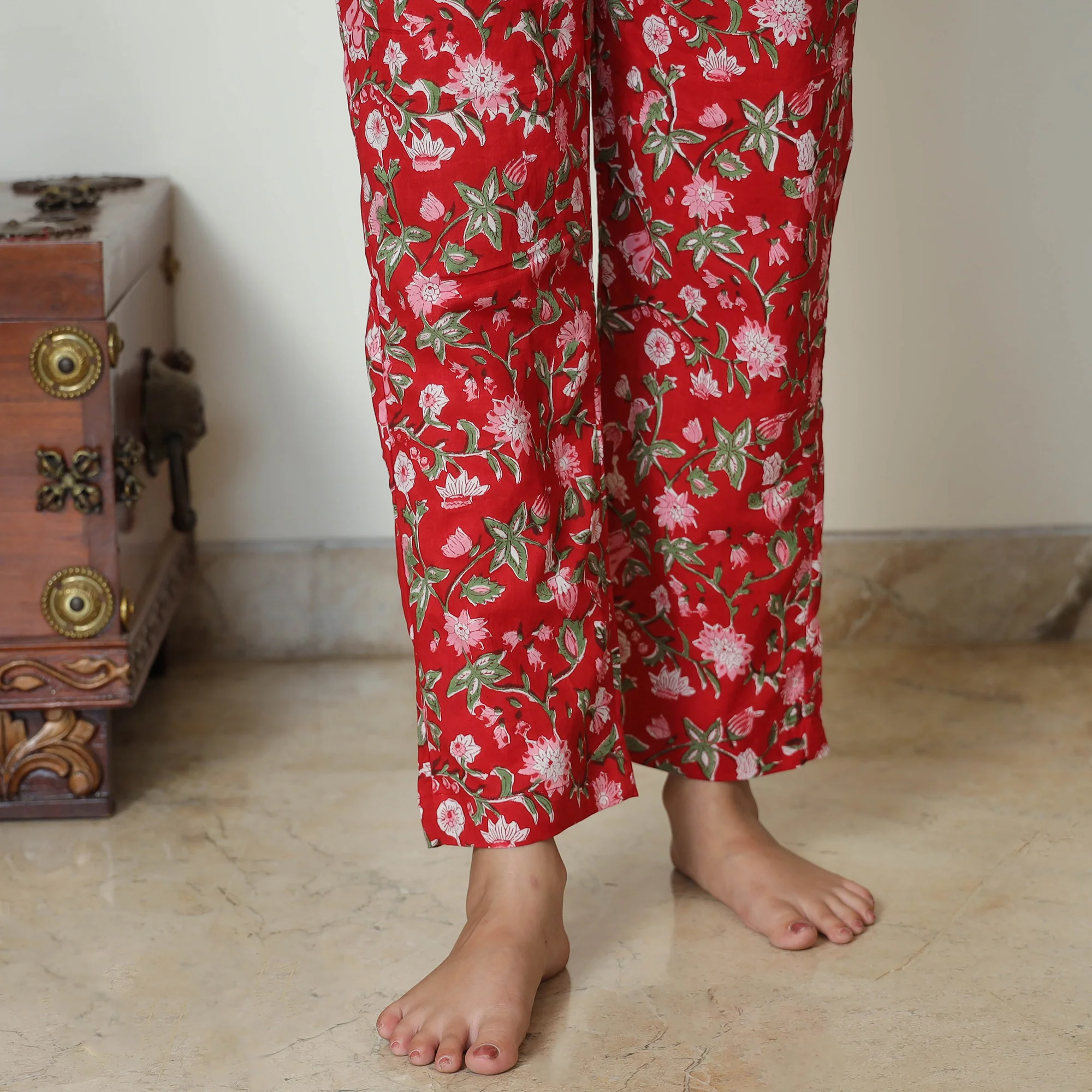 Red - Sanganeri Block Printed Cotton Night Suit Set 04 - Image 6