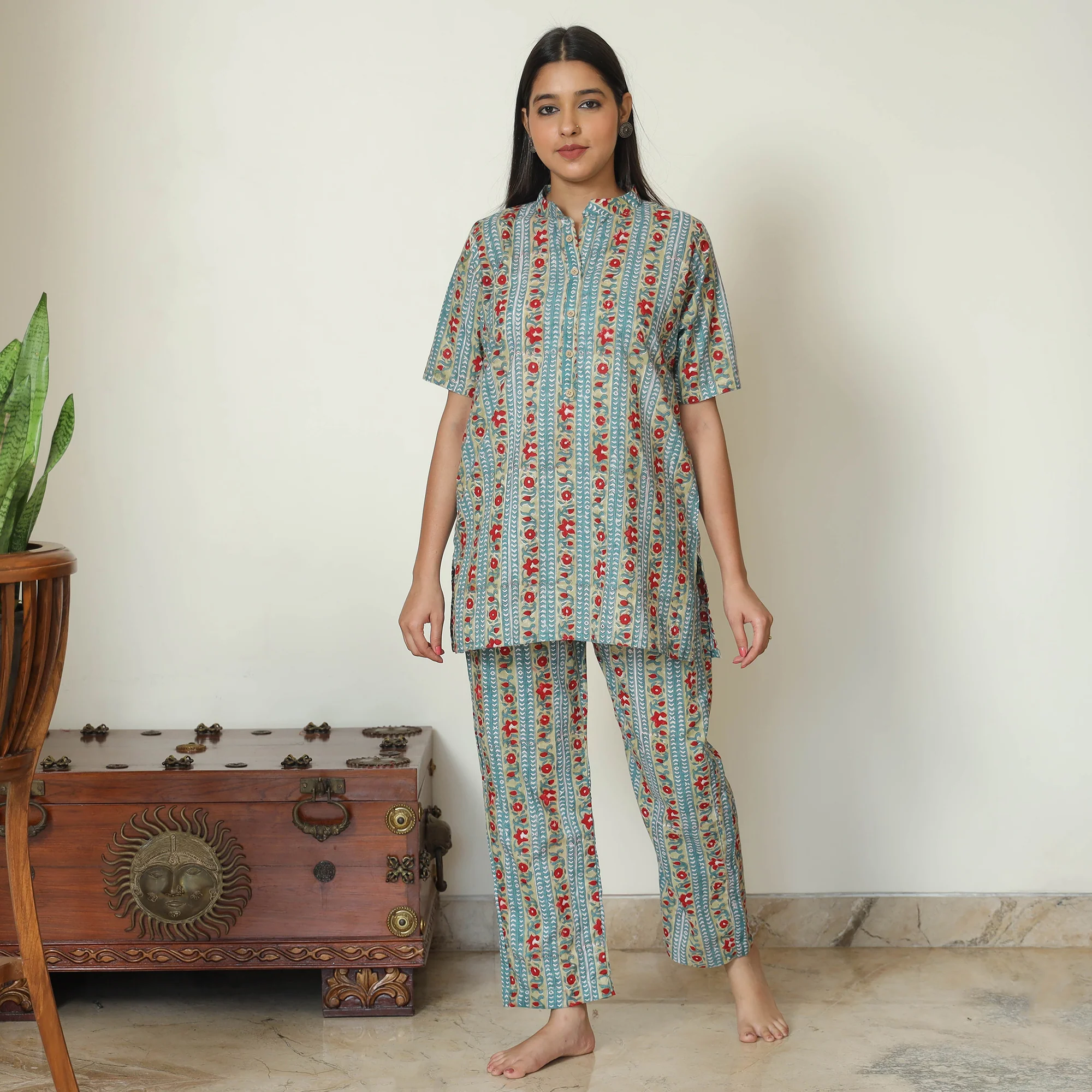 Blue - Sanganeri Block Printed Cotton Night Suit Set 09 - Image 3