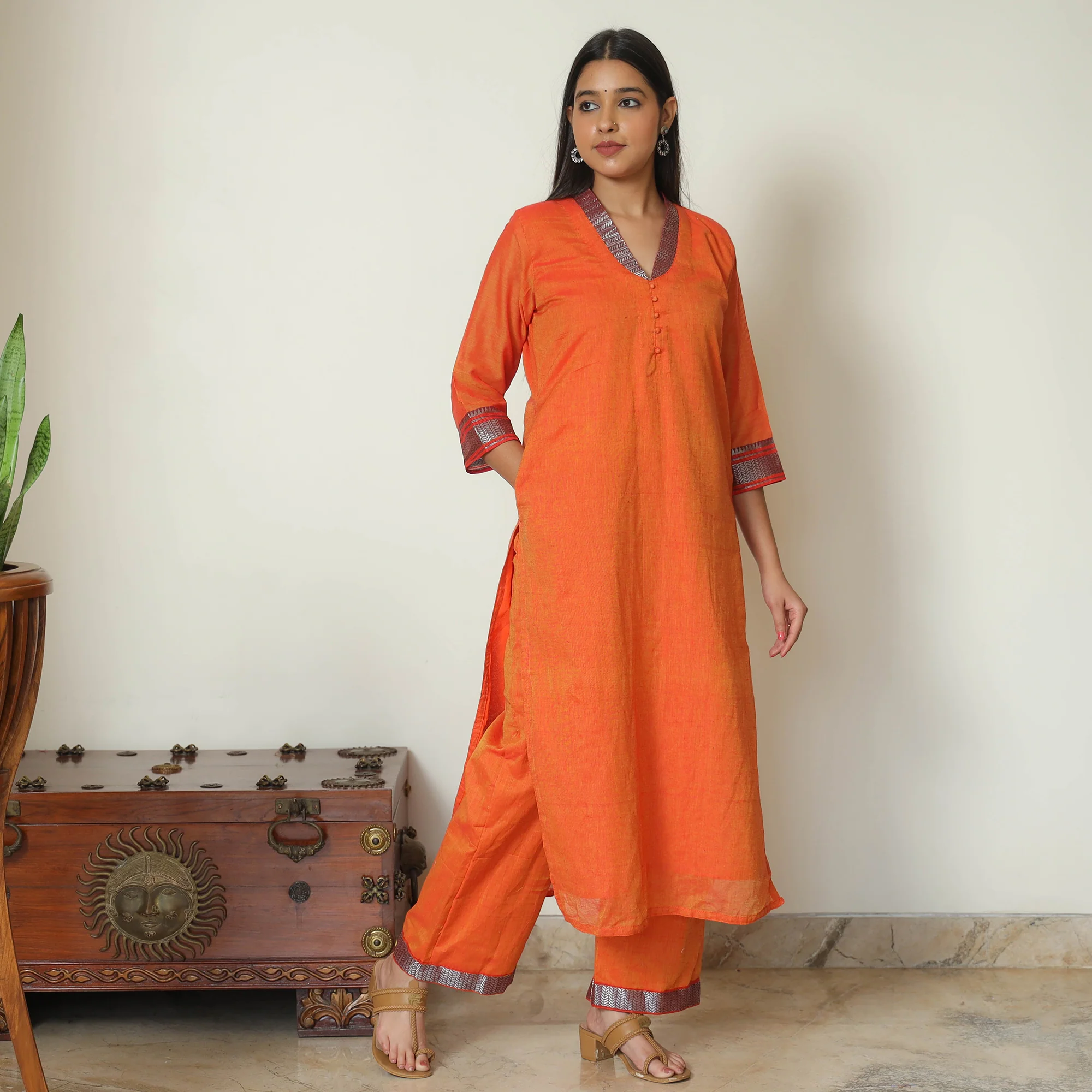 Orange - Dharwad Cotton Kurta with Palazzo & Dupatta Set 05 - Image 3