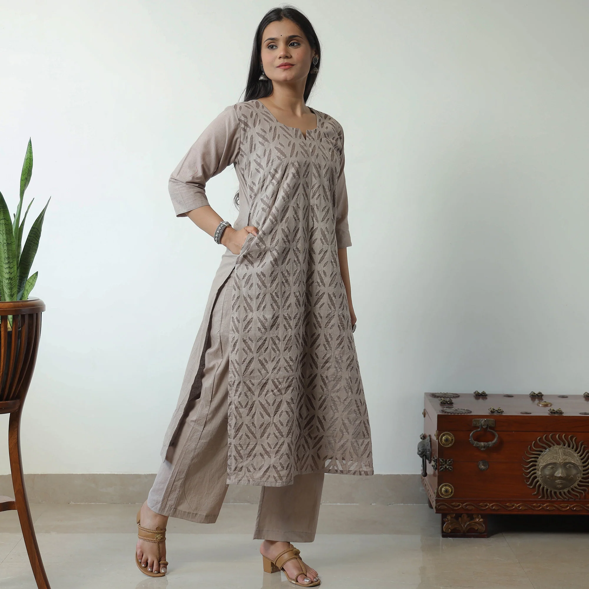 Brown - Applique Cut Work Cotton Kurta with Palazzo & Dupatta Set 07 - Image 3