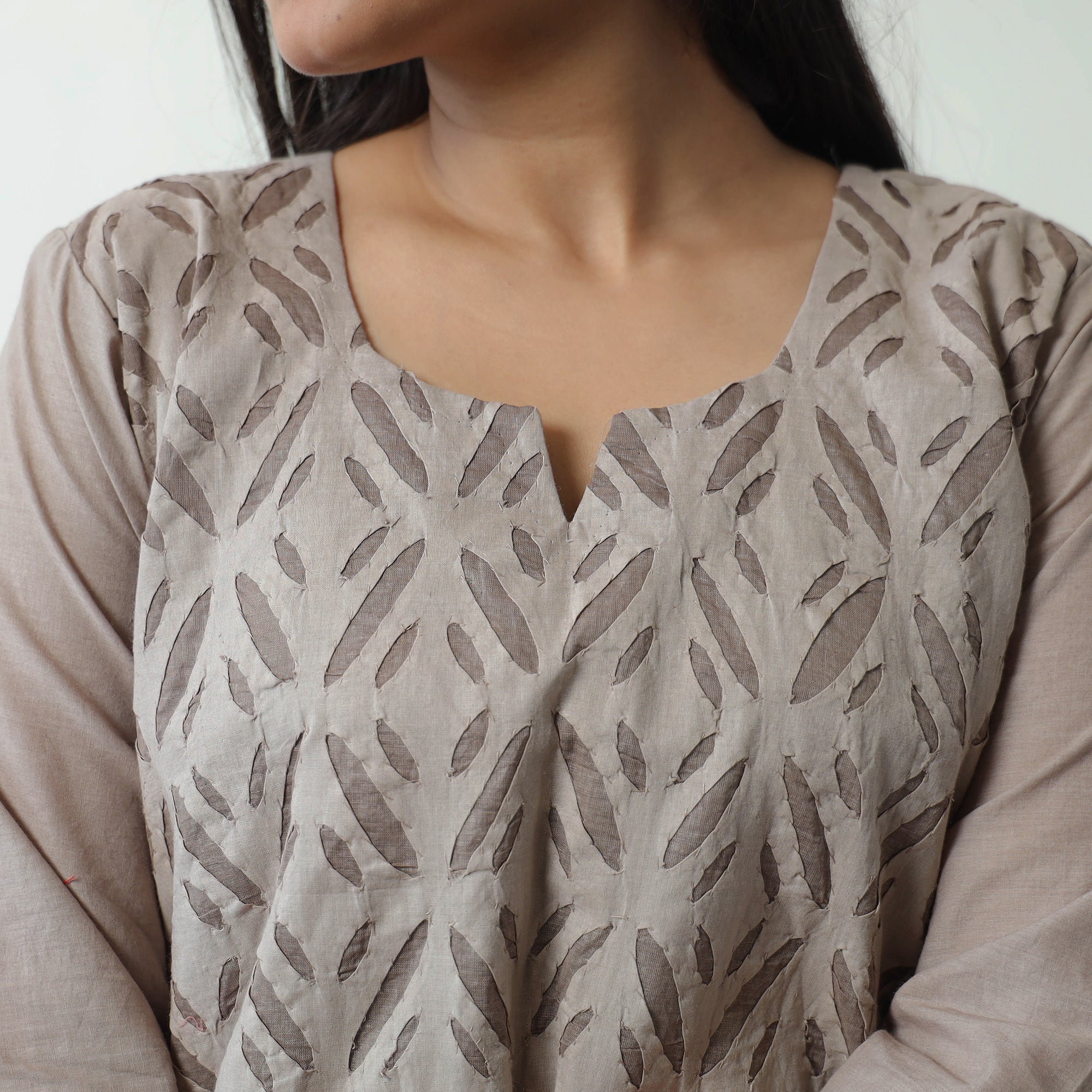Brown - Applique Cut Work Cotton Kurta with Palazzo & Dupatta Set 07 - Image 5