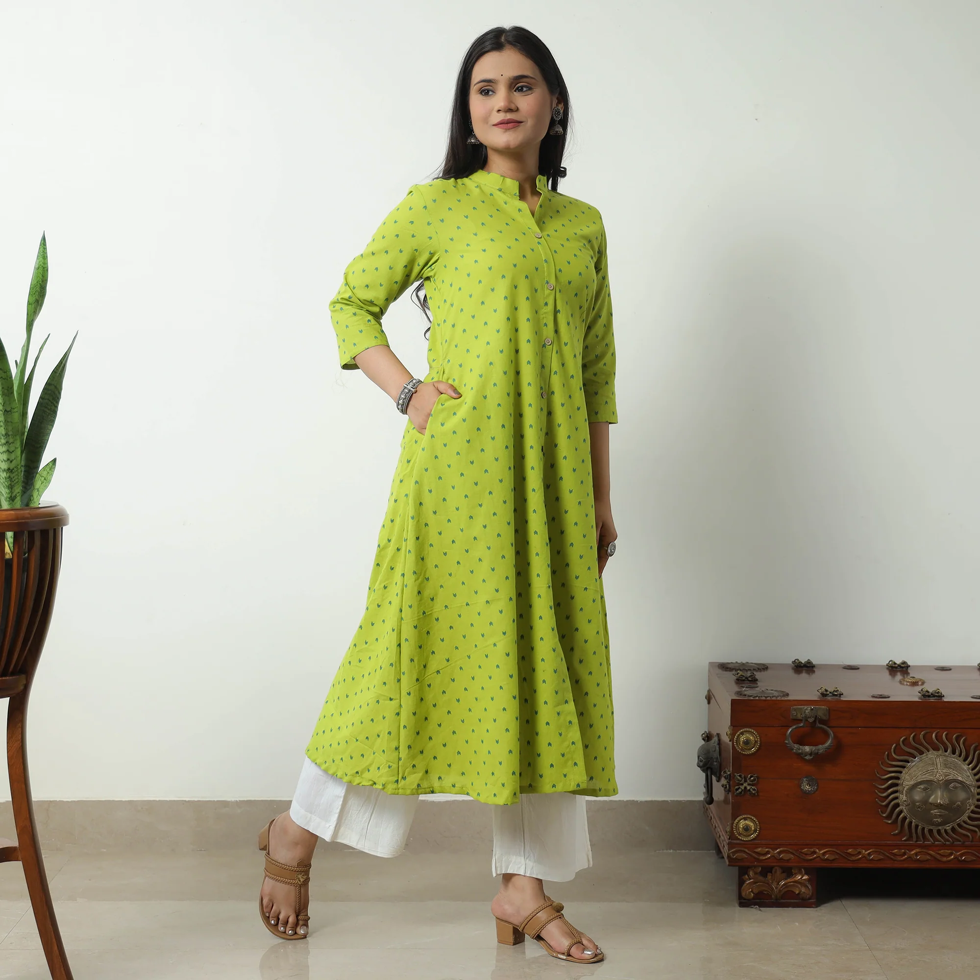 Green - Jacquard Cotton A-Line Kurta 12