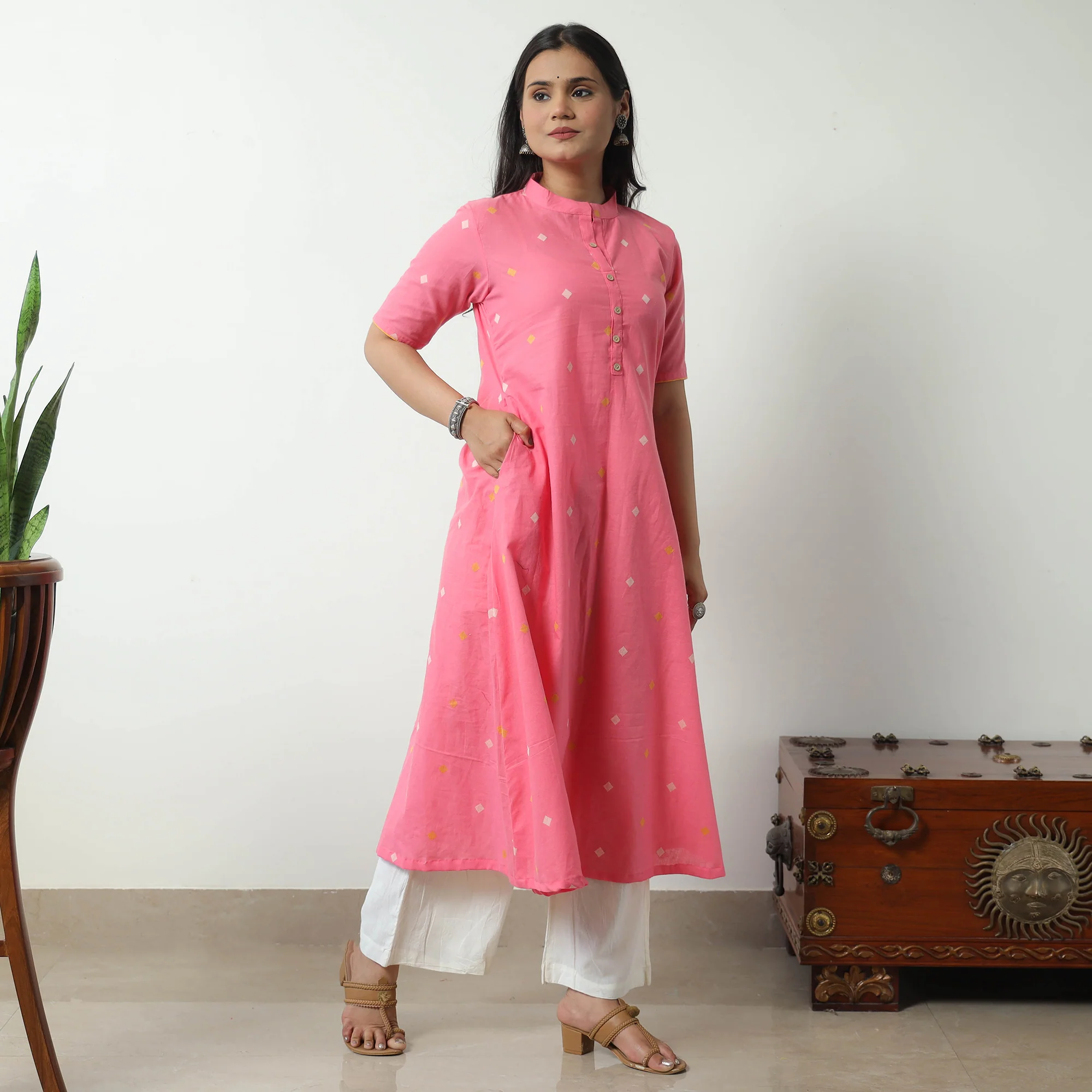 Pink - Jacquard Cotton A-Line Kurta 25