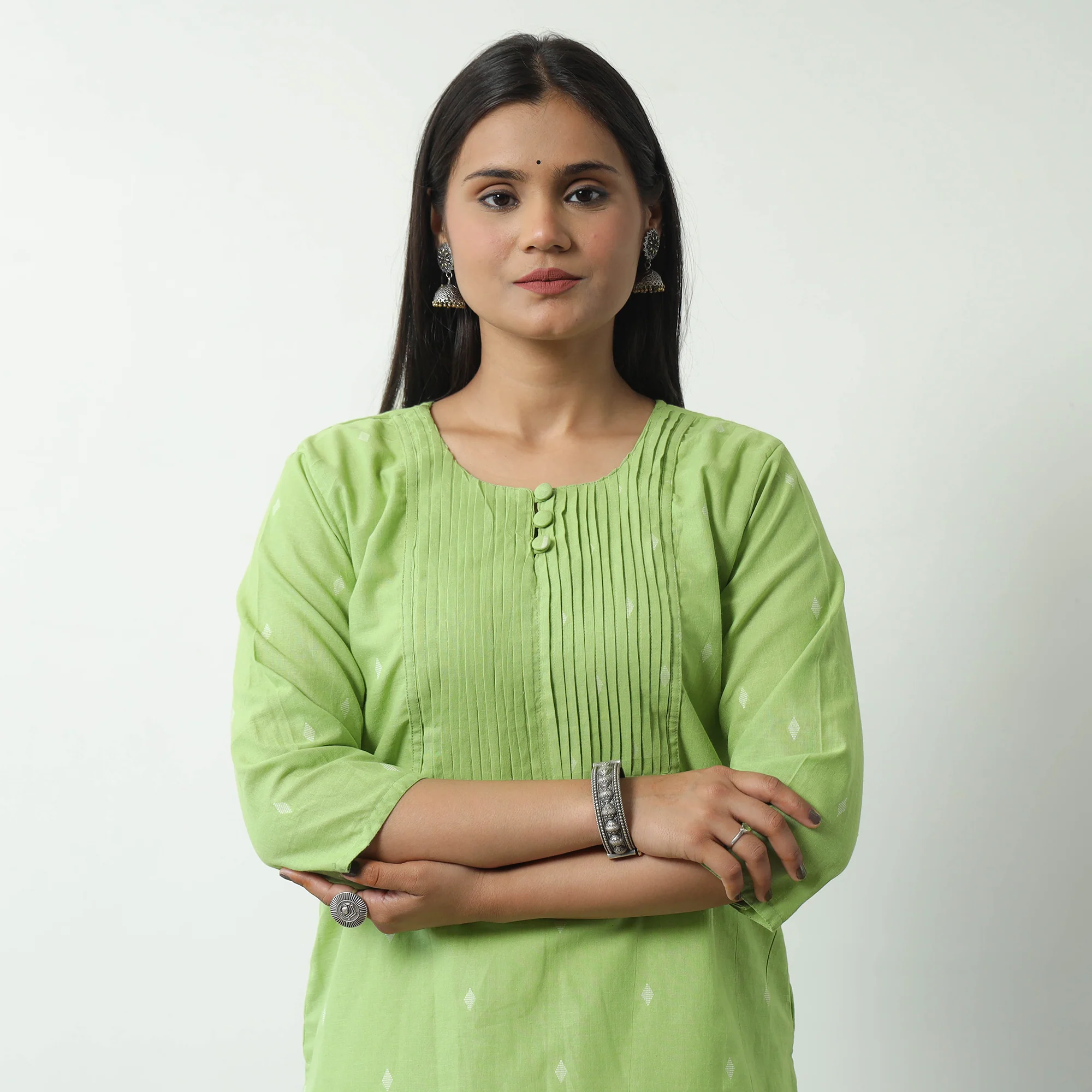 Green - Jacquard Cotton Pintuck Short Kurta 36 - Image 4