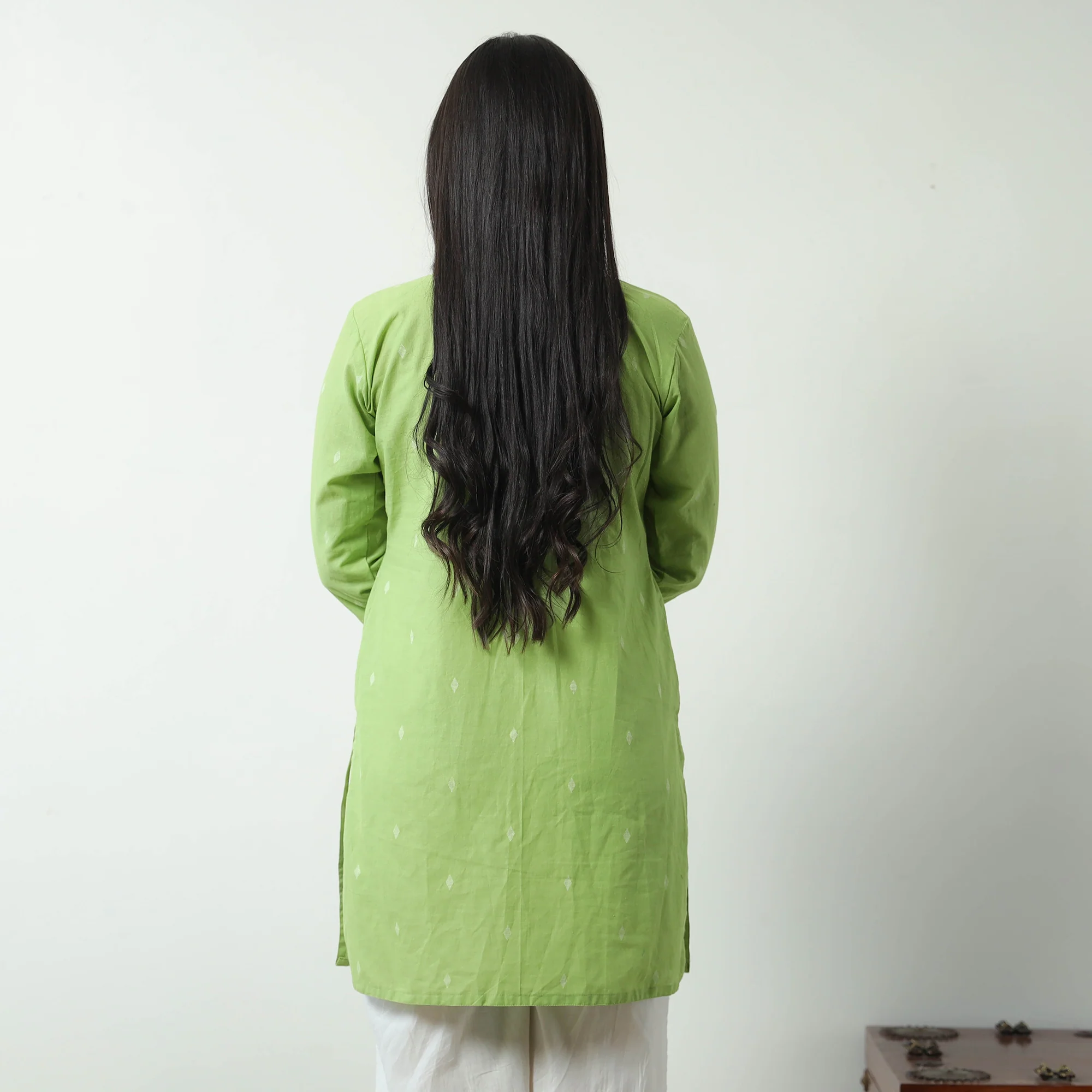 Green - Jacquard Cotton Pintuck Short Kurta 36 - Image 7