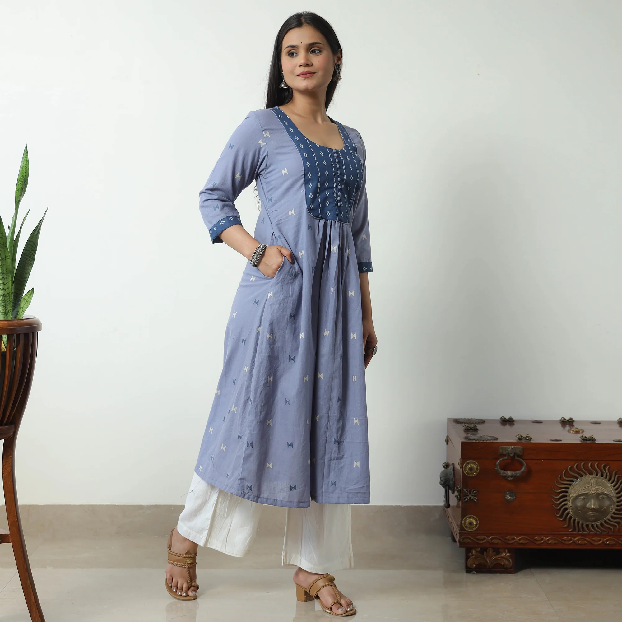 Blue - Jacquard Cotton A-Line Kurta 06