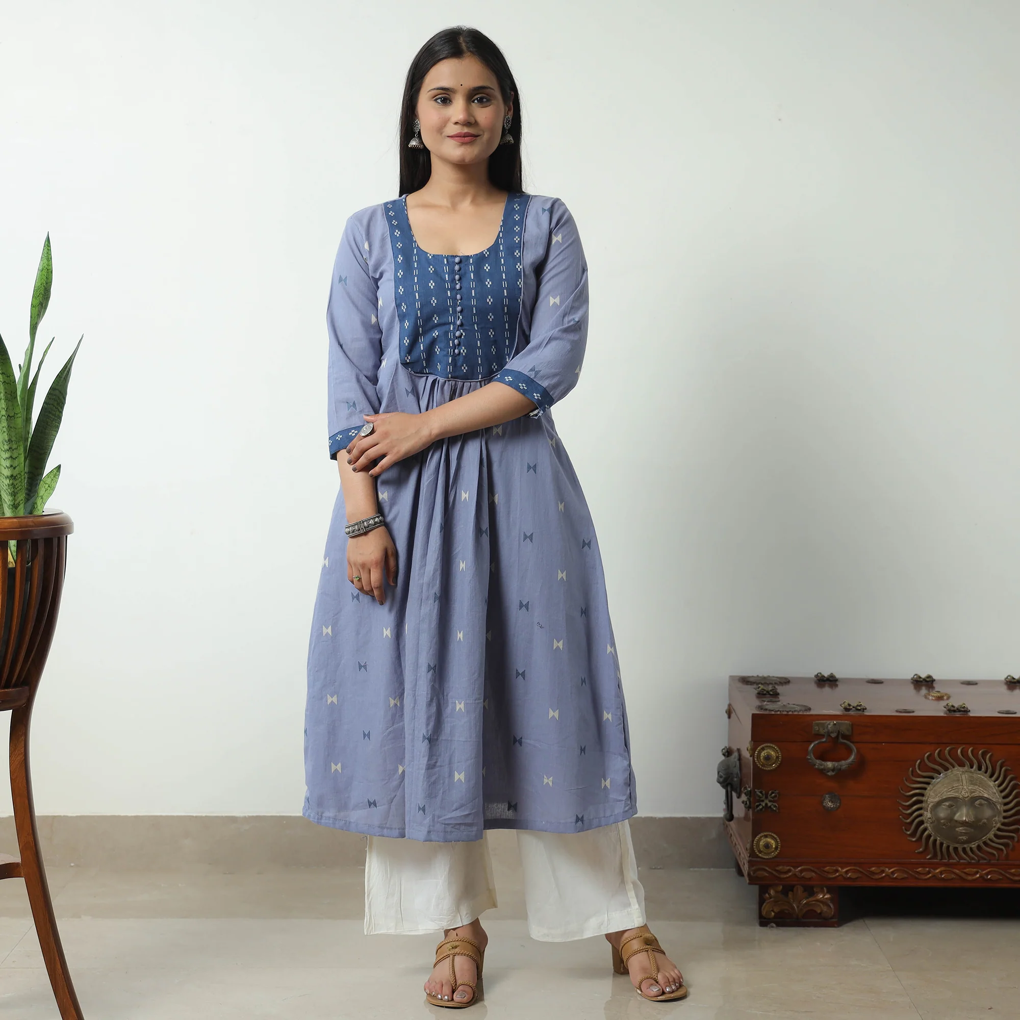 Blue - Jacquard Cotton A-Line Kurta 06 - Image 2