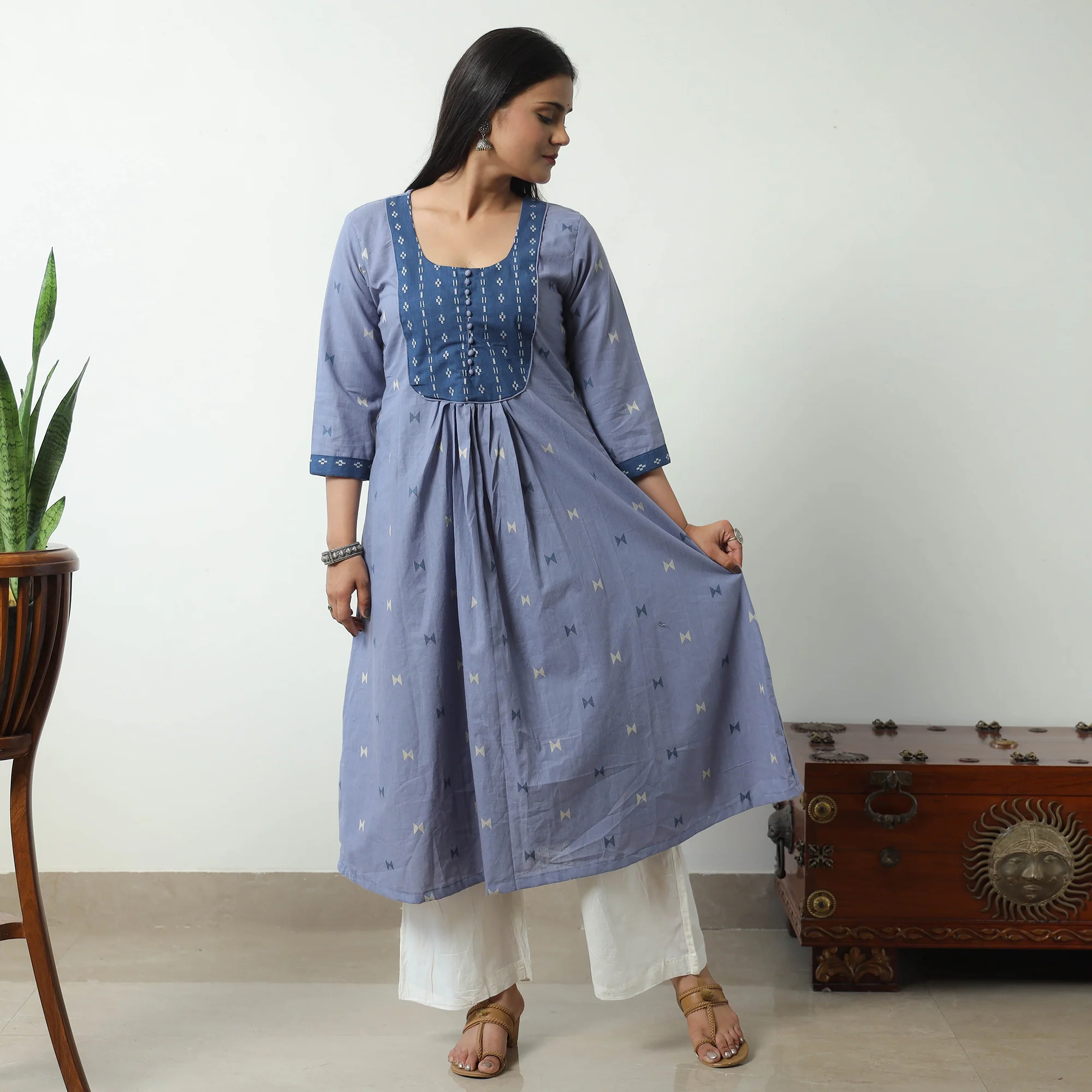 Blue - Jacquard Cotton A-Line Kurta 06 - Image 3