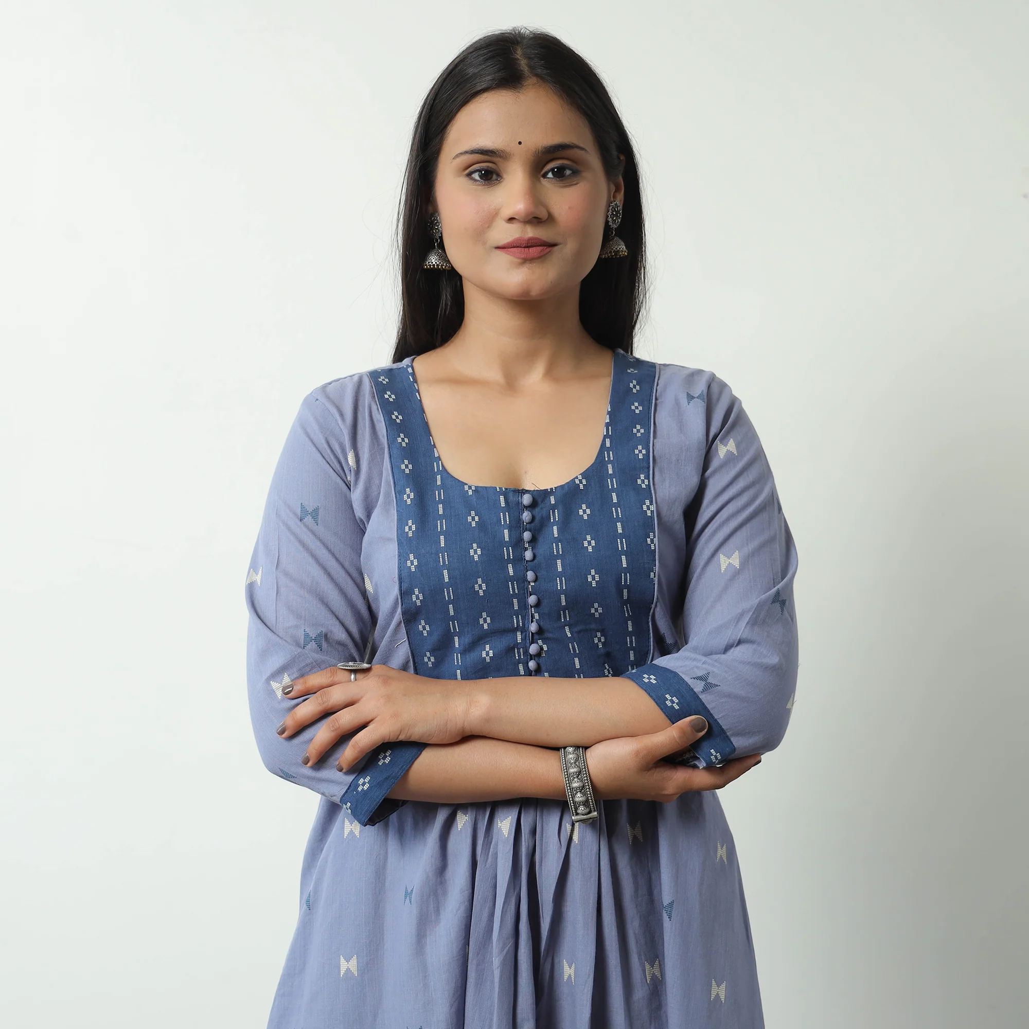 Blue - Jacquard Cotton A-Line Kurta 06 - Image 4