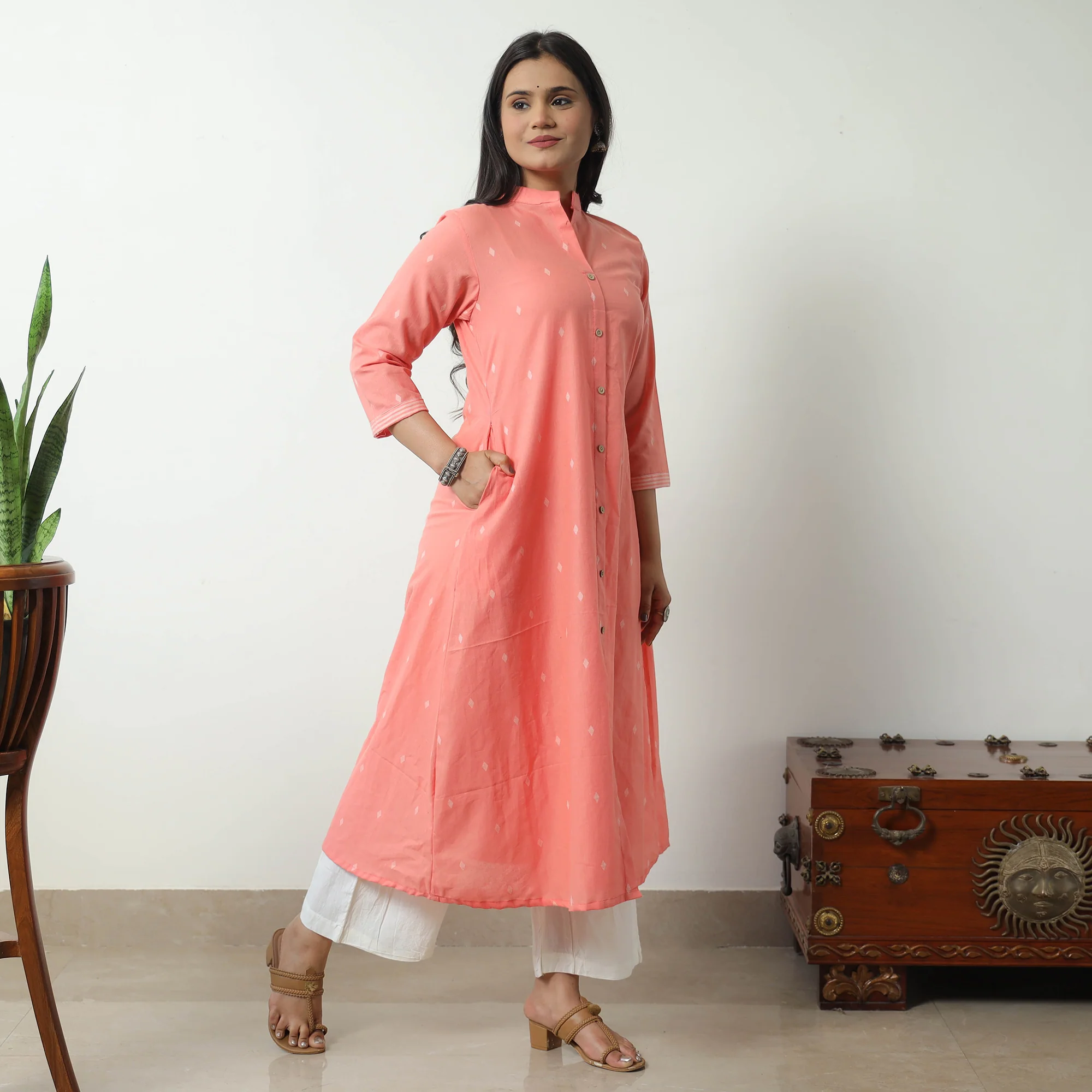 Peach - Jacquard Cotton A-Line Kurta 10 - Image 2