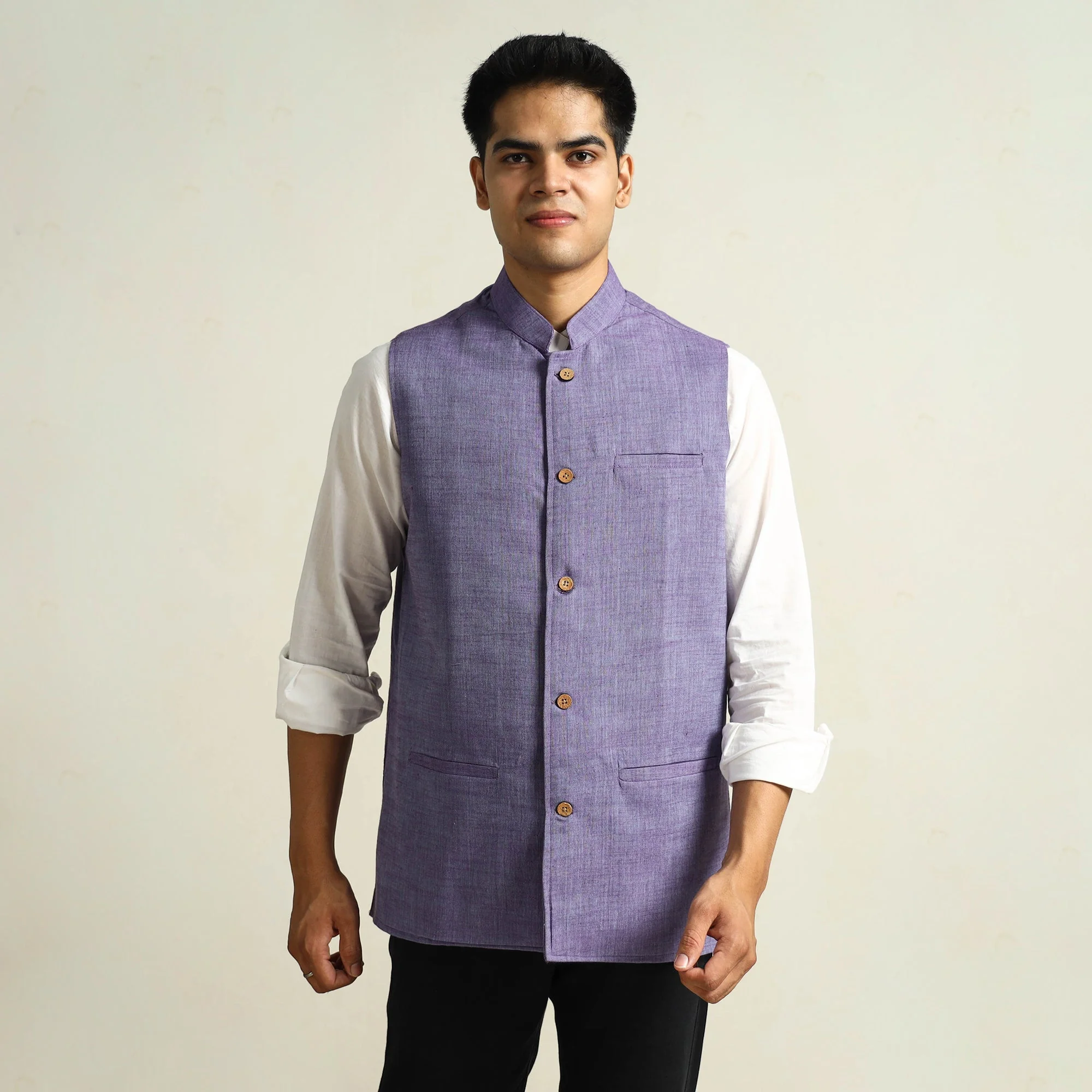 Purple - Pure Cotton Handloom Men Nehru Jacket 01 - Image 3