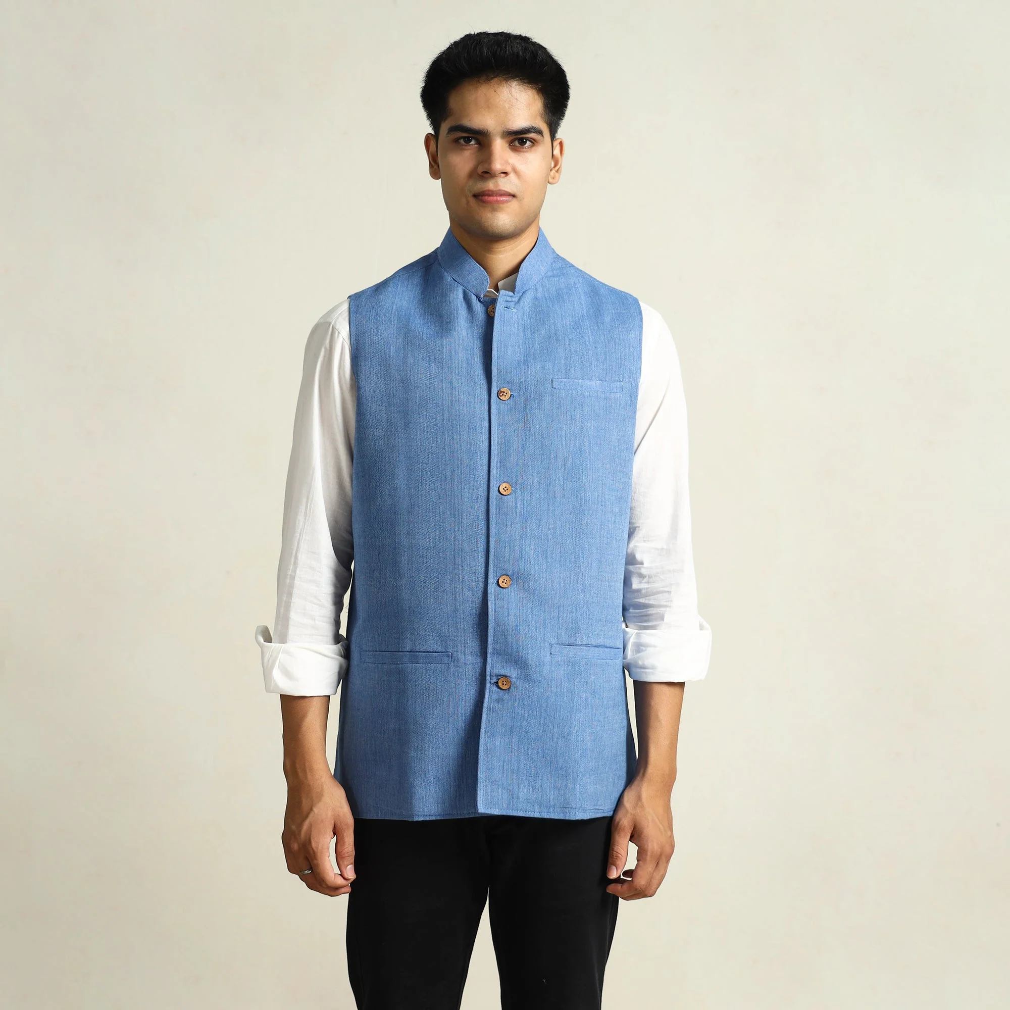 Blue - Pure Cotton Handloom Men Nehru Jacket 06 - Image 2