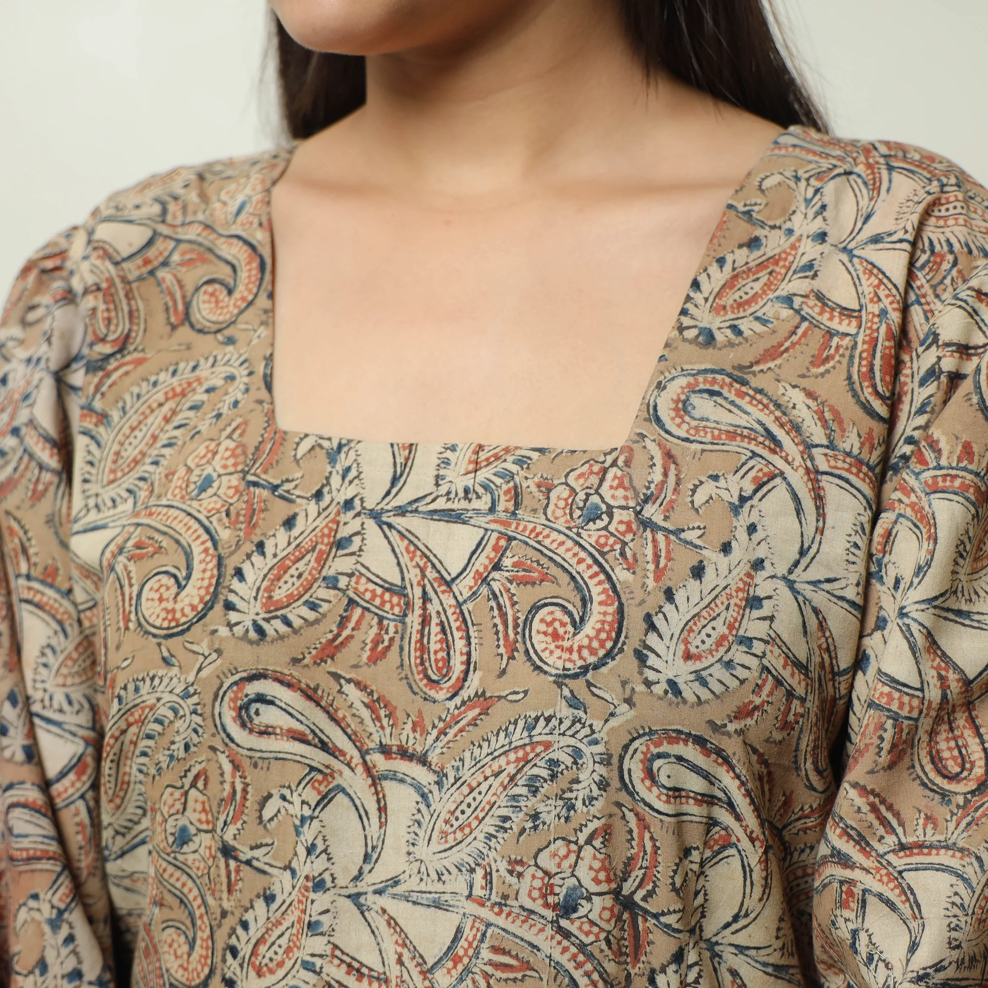 Brown - Kalamkari Block Printed Cotton Tiered Dress 09 - Image 5