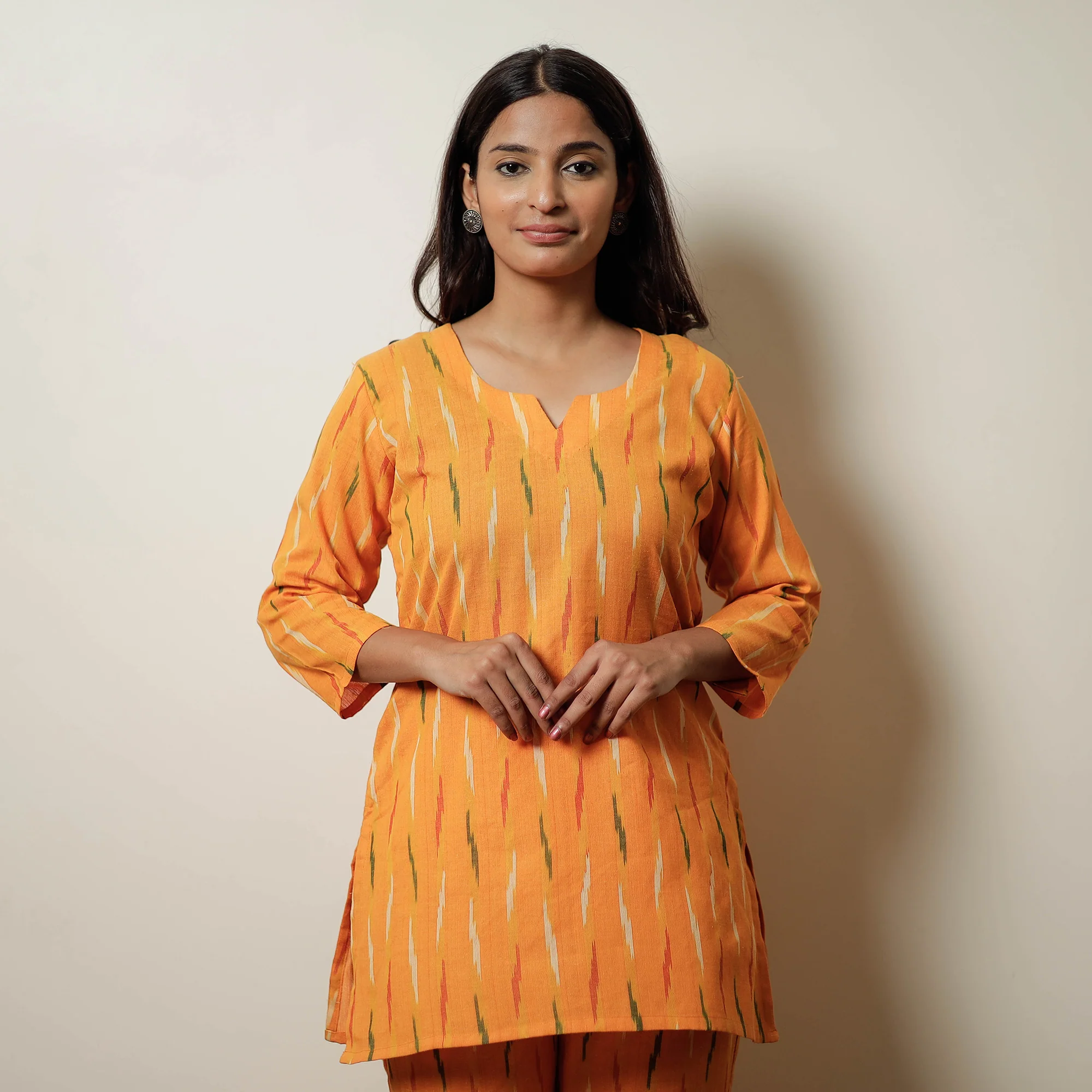 Orange - Pochampally Ikat Cotton Top & Pyjama Night Suit Set 05 - Image 3