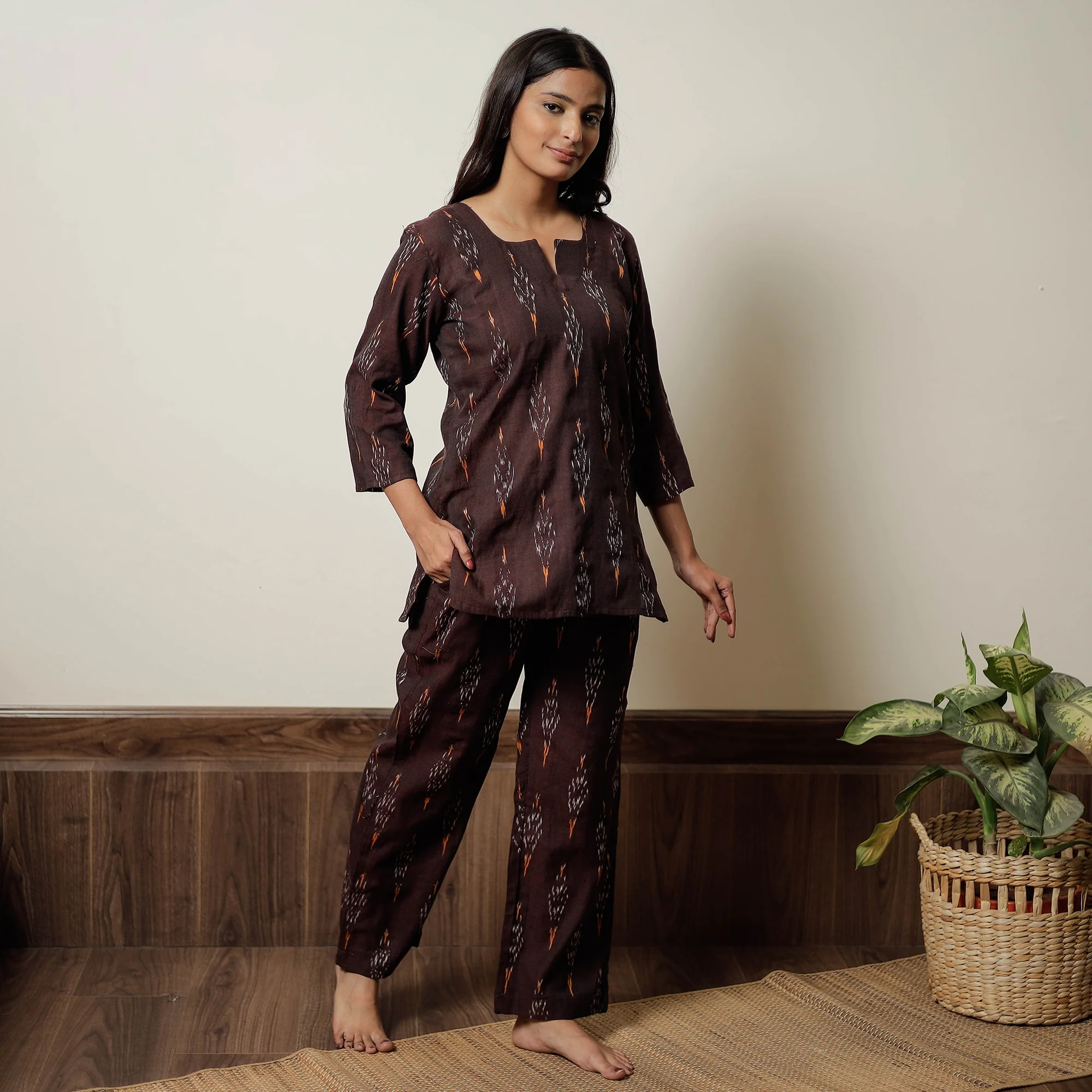 Brown - Pochampally Ikat Cotton Top & Pyjama Night Suit Set 08