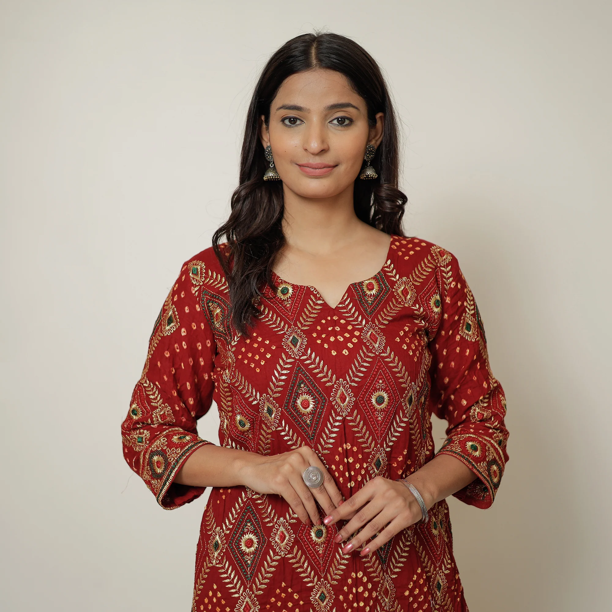 Red - Bandhani Tie-Dye Zari Work Cotton Kurta with Palazzo & Dupatta Set 01 - Image 4