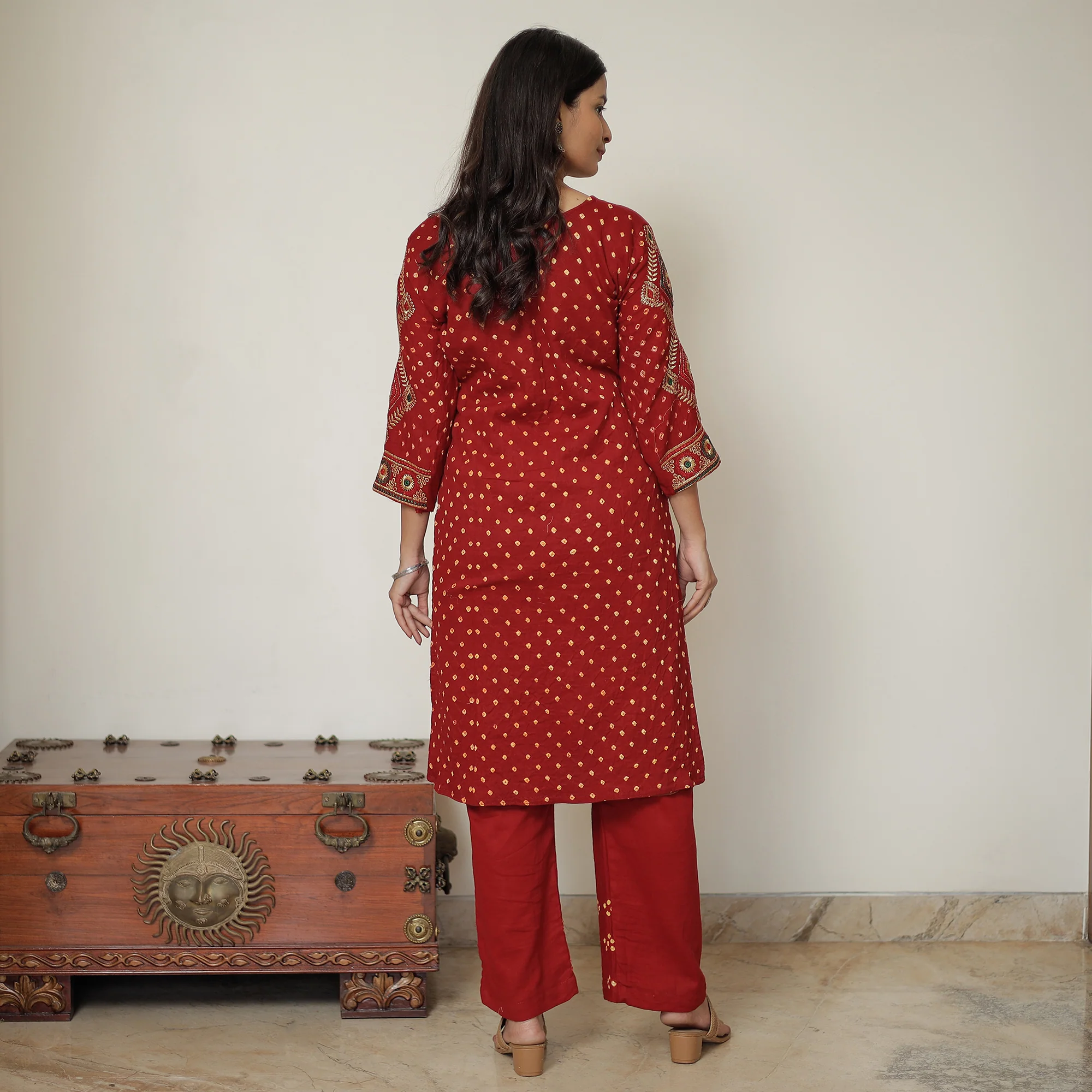 Red - Bandhani Tie-Dye Zari Work Cotton Kurta with Palazzo & Dupatta Set 01 - Image 7