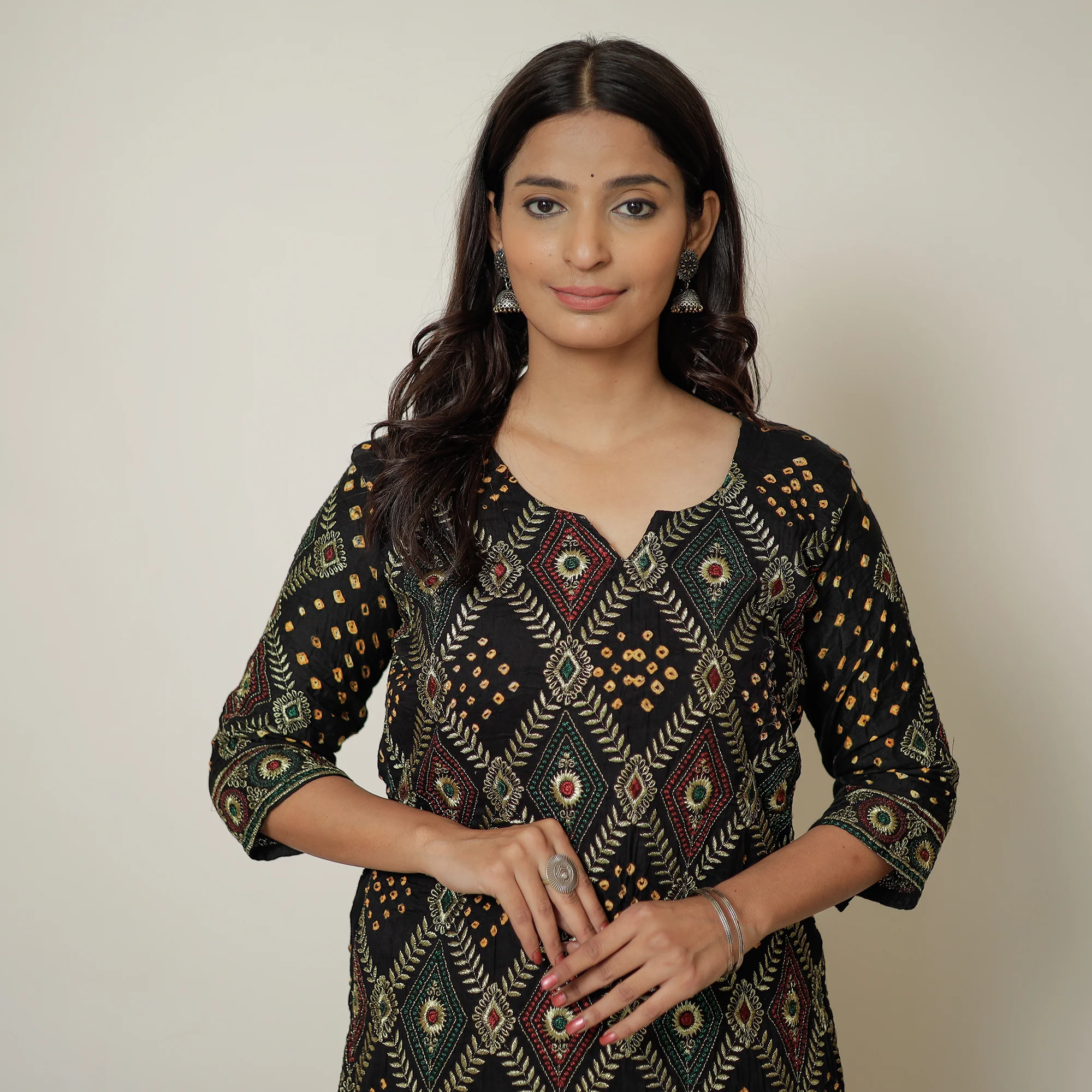 Black - Bandhani Tie-Dye Zari Work Cotton Kurta with Palazzo & Dupatta Set 02 - Image 4
