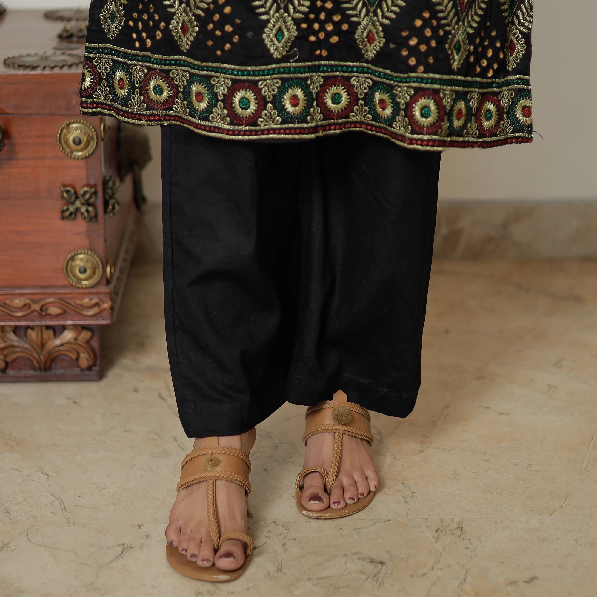 Black - Bandhani Tie-Dye Zari Work Cotton Kurta with Palazzo & Dupatta Set 02 - Image 7