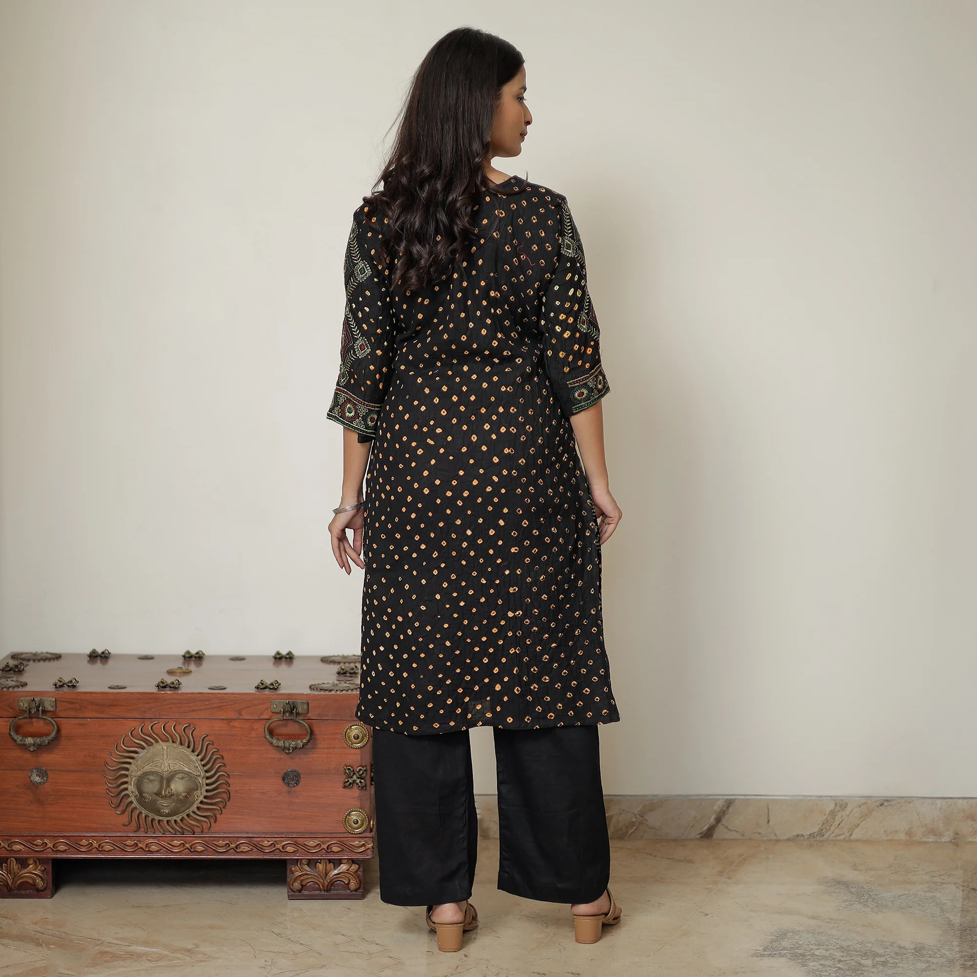 Black - Bandhani Tie-Dye Zari Work Cotton Kurta with Palazzo & Dupatta Set 02 - Image 8