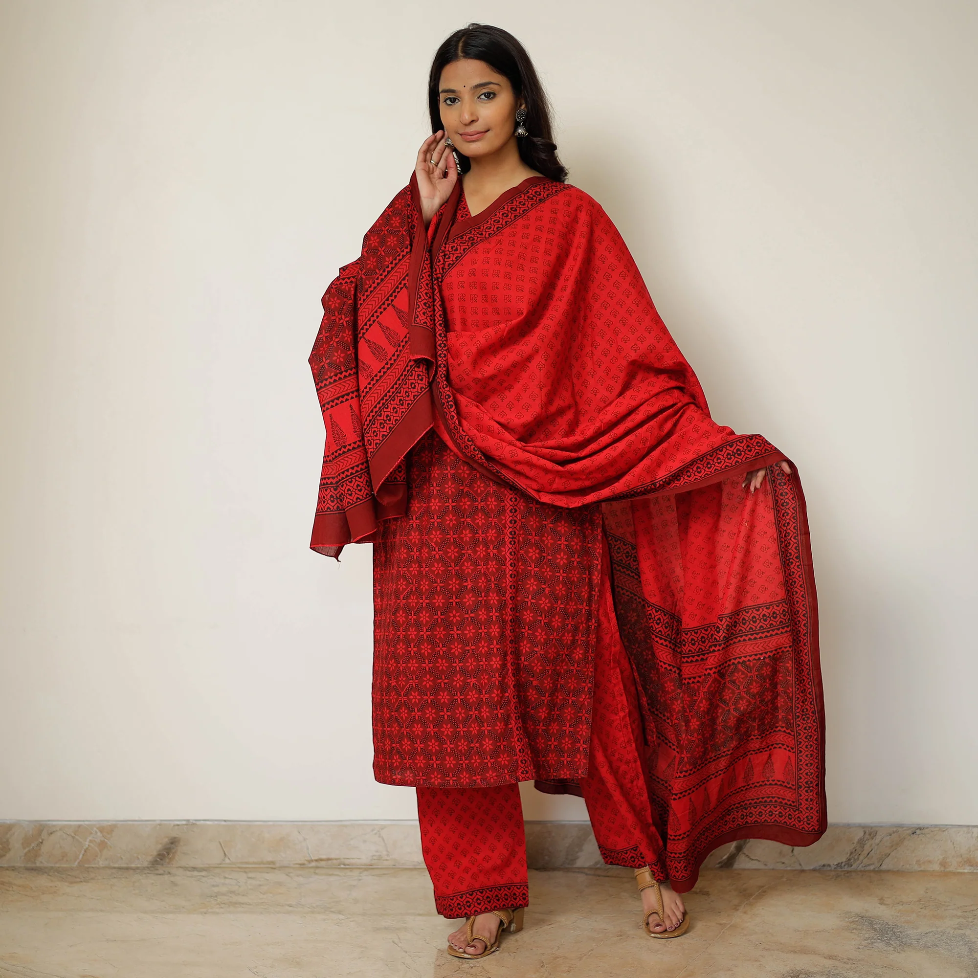 Red - Bagh Block Printed Cotton Kurta with Palazzo & Dupatta Set 05 - Image 2