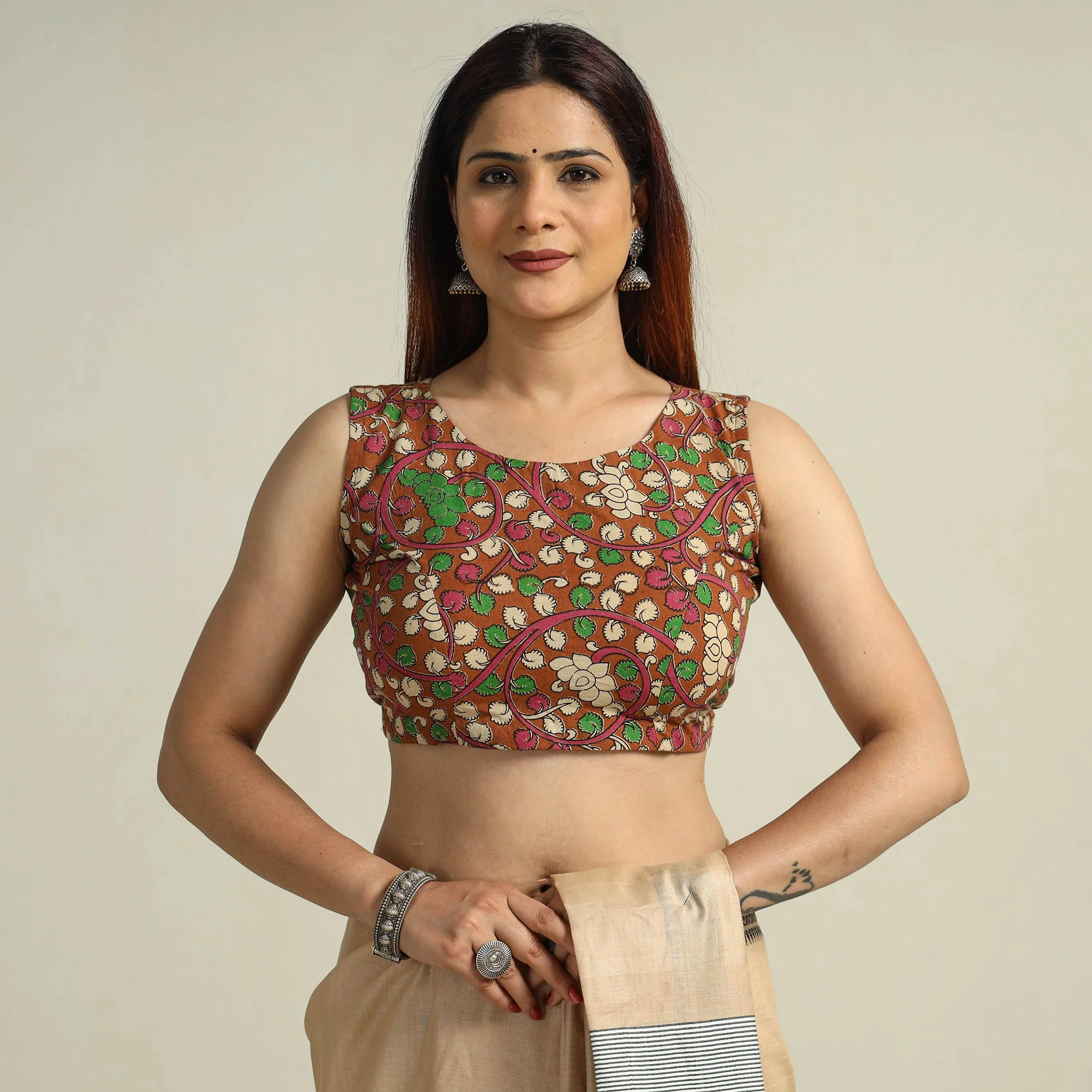 Brown - Kalamkari Printed Cotton Stitched Blouse 10 - Image 3