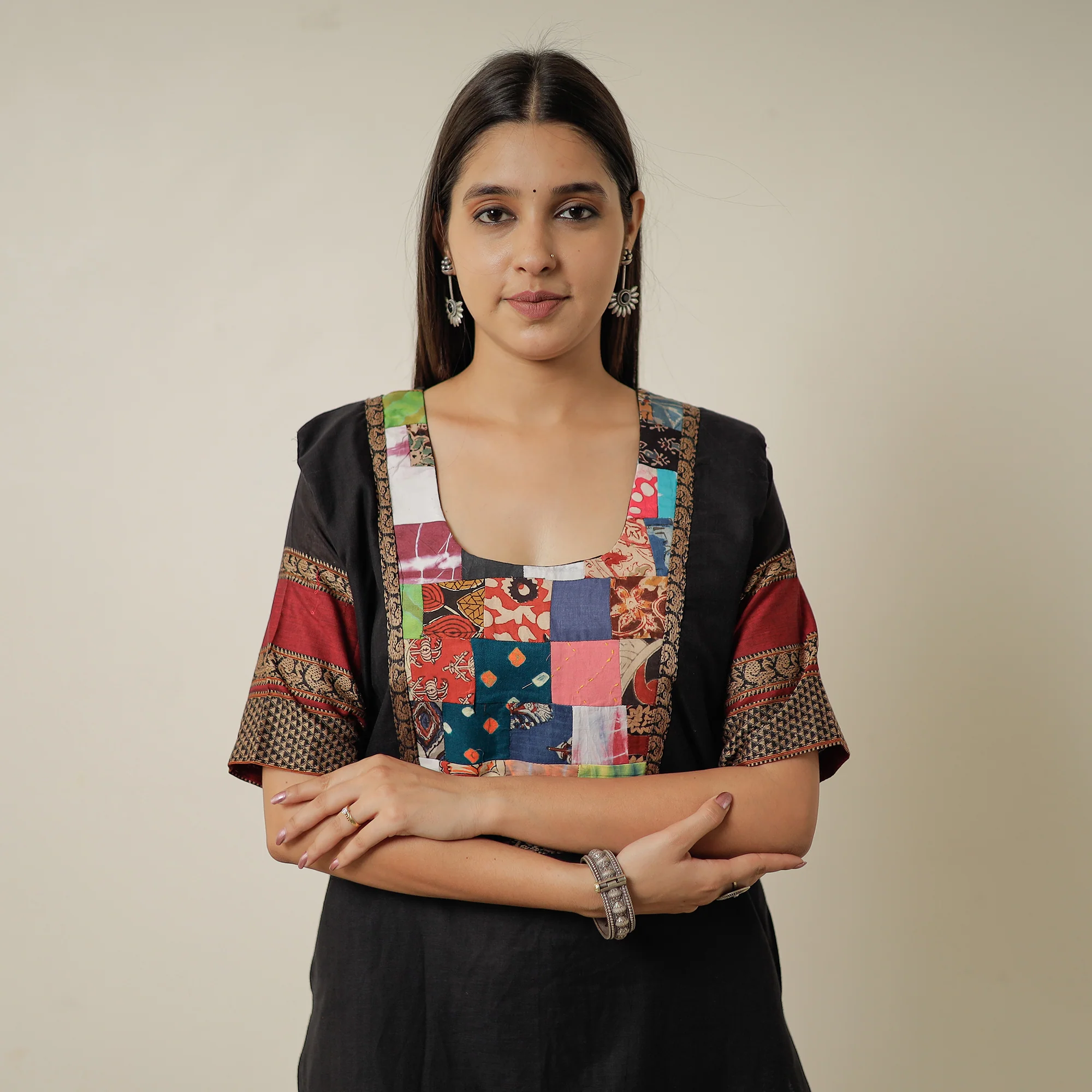 Black - Dharwad Mercerised Cotton Straight Kurta with Patchwork 14