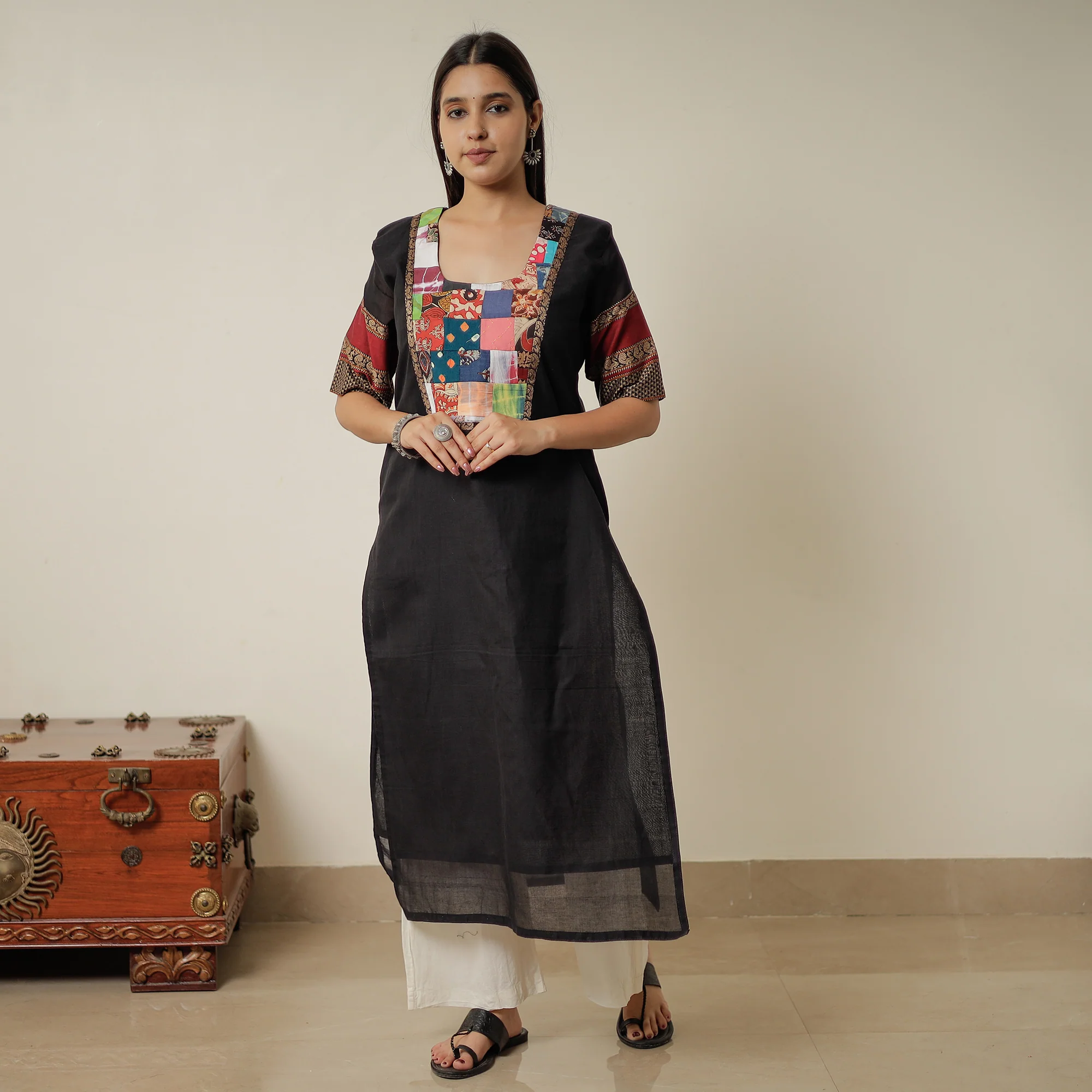 Black - Dharwad Mercerised Cotton Straight Kurta with Patchwork 14 - Image 3