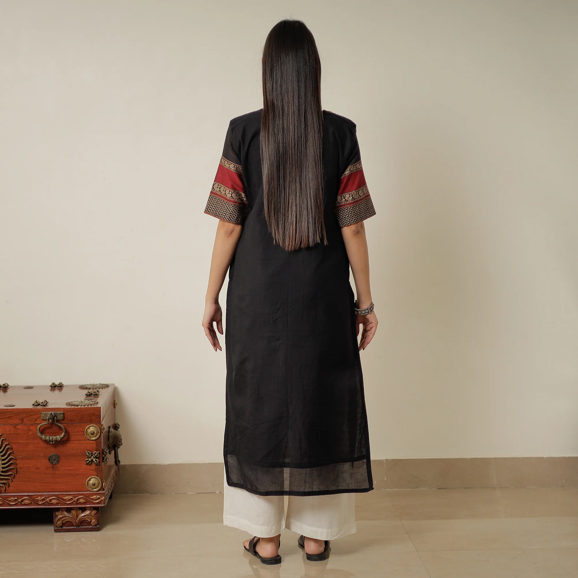 Black - Dharwad Mercerised Cotton Straight Kurta with Patchwork 14 - Image 4