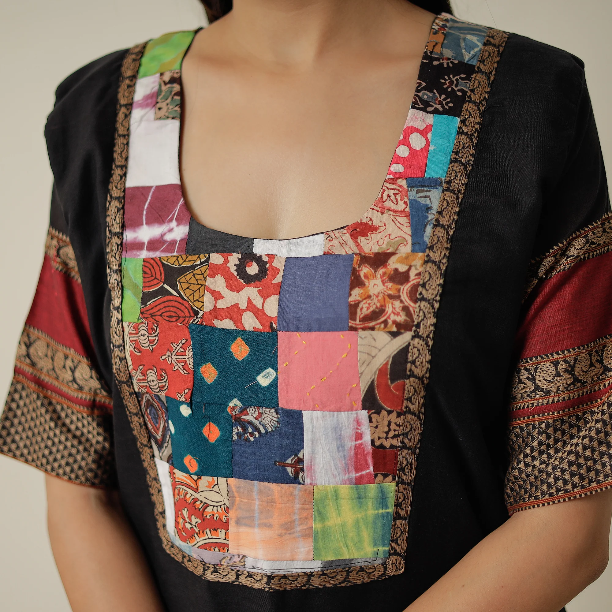 Black - Dharwad Mercerised Cotton Straight Kurta with Patchwork 14 - Image 5