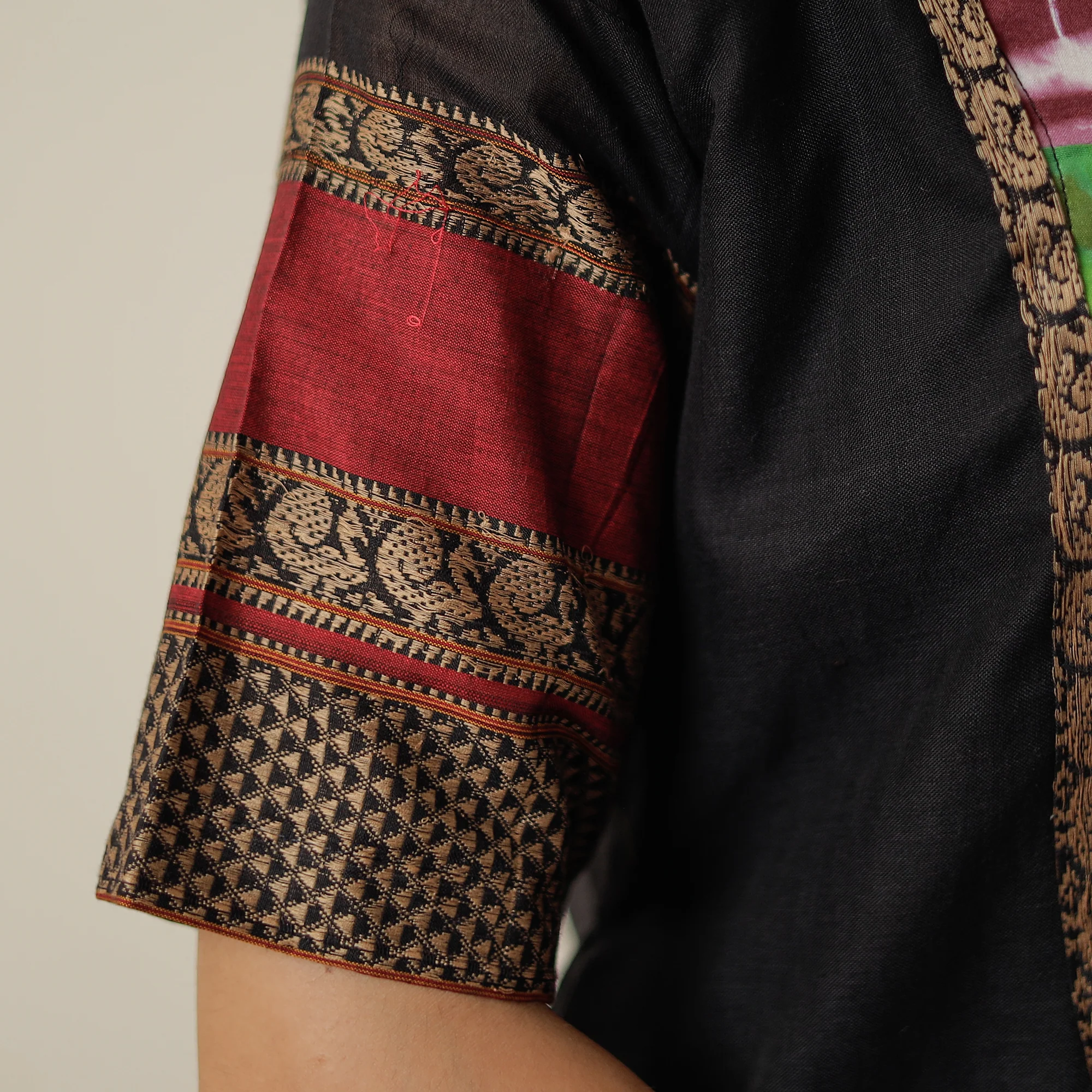 Black - Dharwad Mercerised Cotton Straight Kurta with Patchwork 14 - Image 6