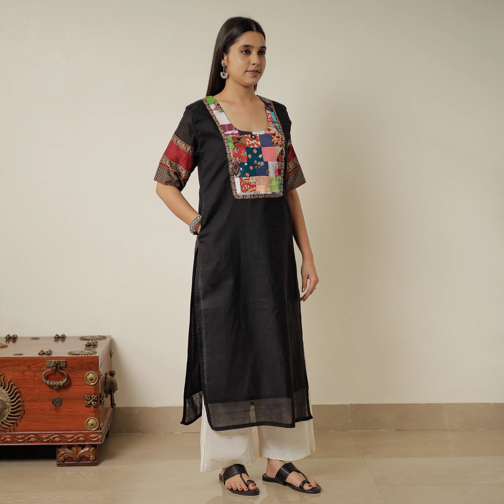 Black - Dharwad Mercerised Cotton Straight Kurta with Patchwork 14 - Image 7