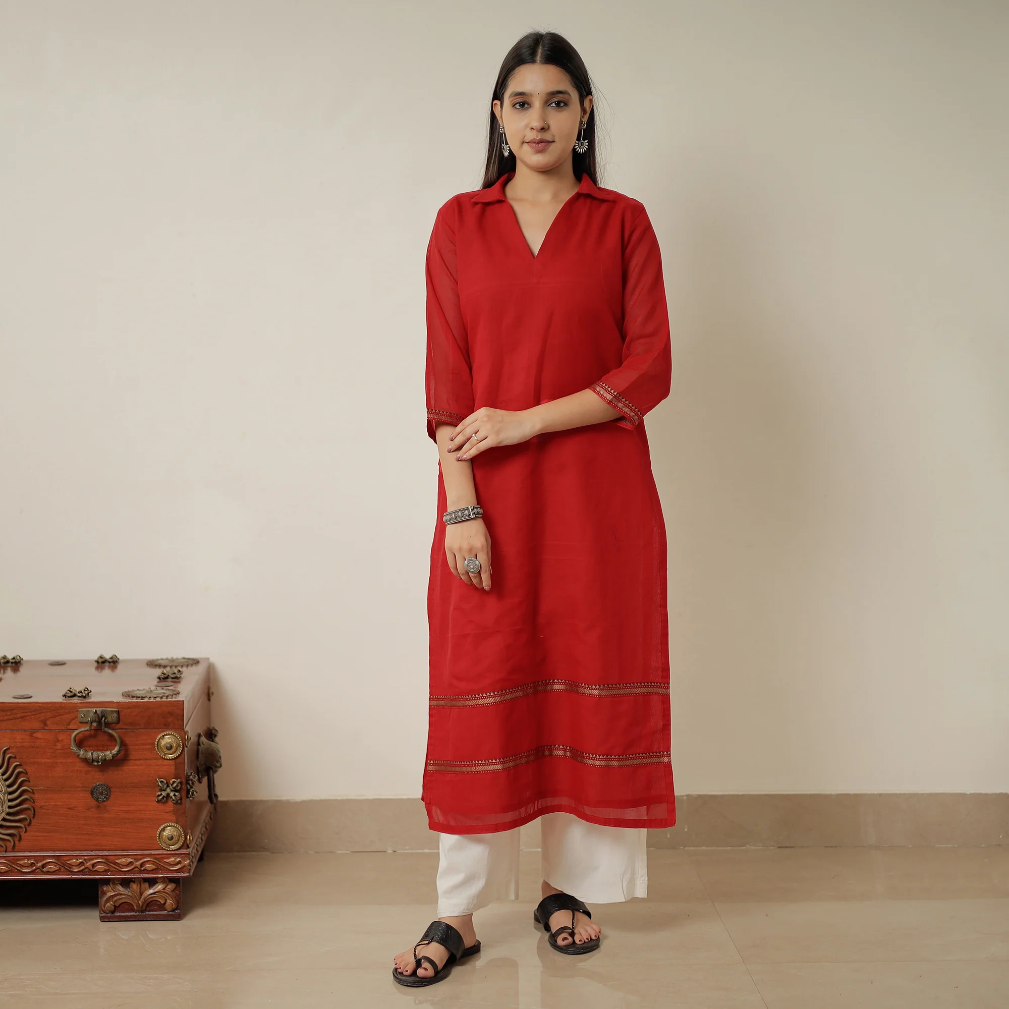 Red - Dharwad Mercerised Cotton Straight Kurta 05 - Image 2